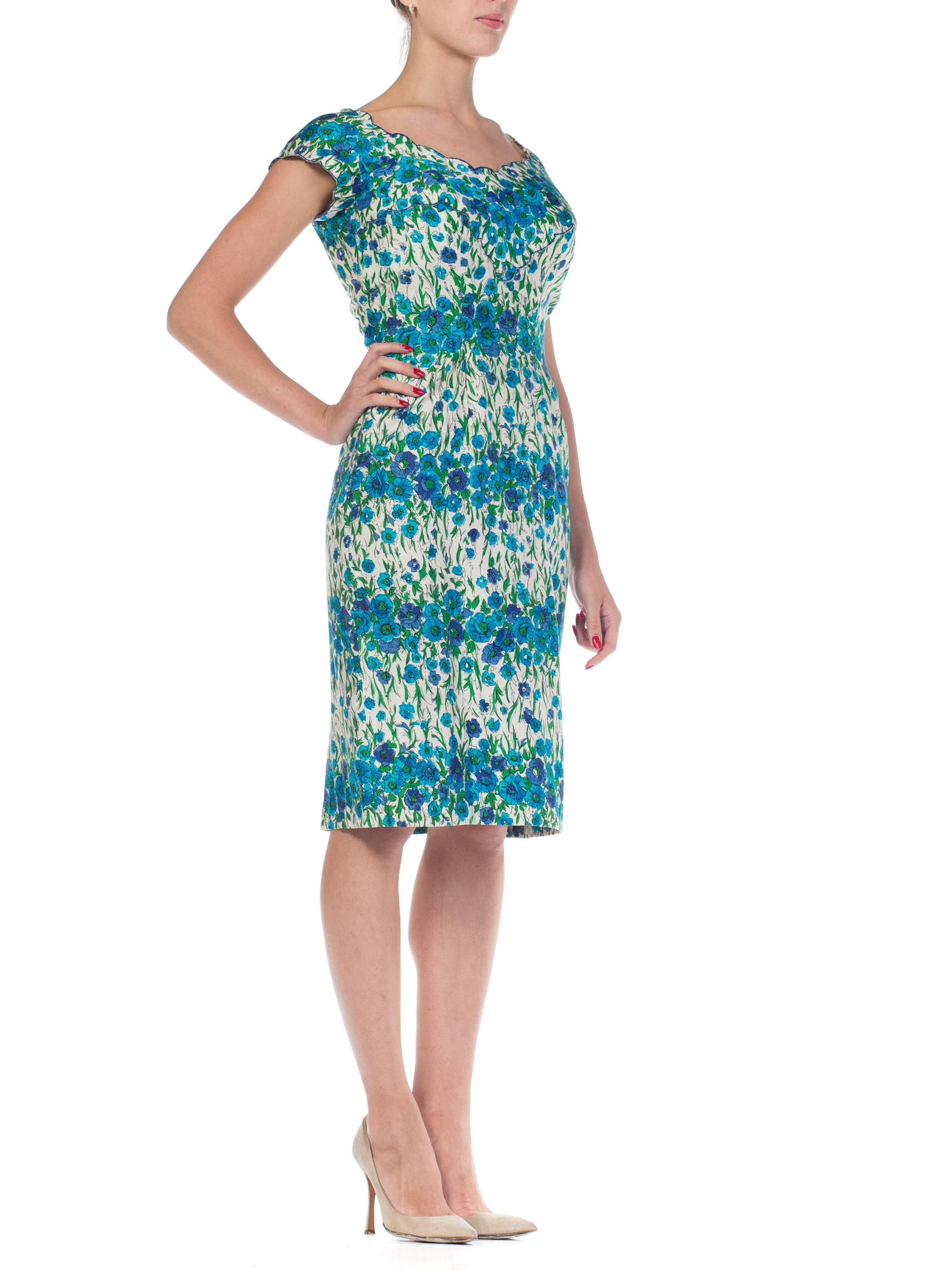 Women's 1950S Blue & Green Floral Cotton Alix Of Miami Sexy Ladylike Day Dress For Sale