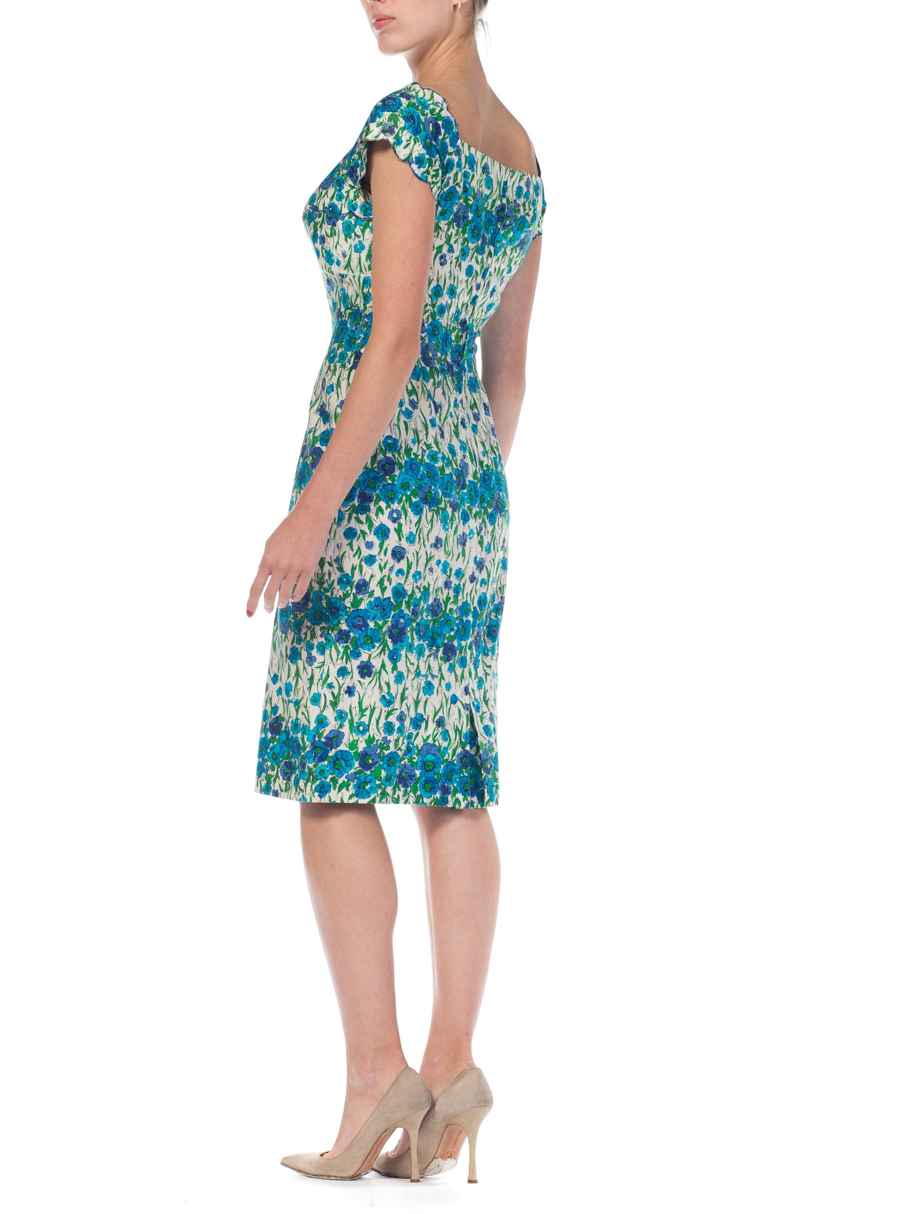 1950S Blue & Green Floral Cotton Alix Of Miami Sexy Ladylike Day Dress For Sale 4