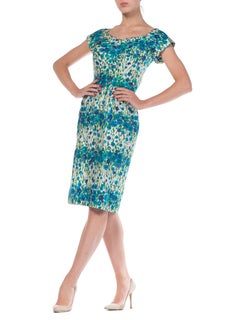 1950S Blue & Green Floral Cotton Alix Of Miami Sexy Ladylike Day Dress