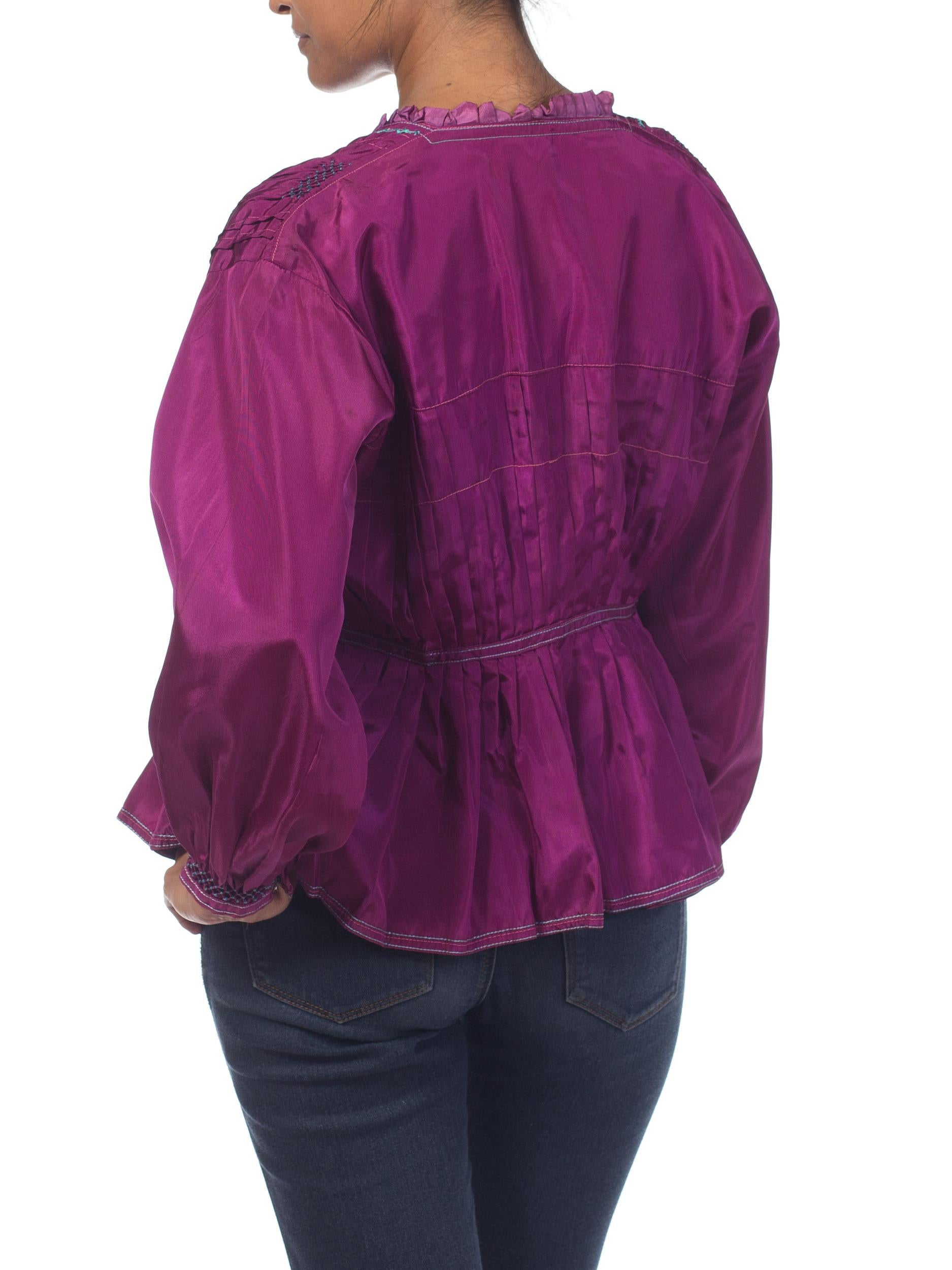 Women's 1940S Purple Rayon Boho Eastern European Hand Embroidered Peasant Blouse For Sale