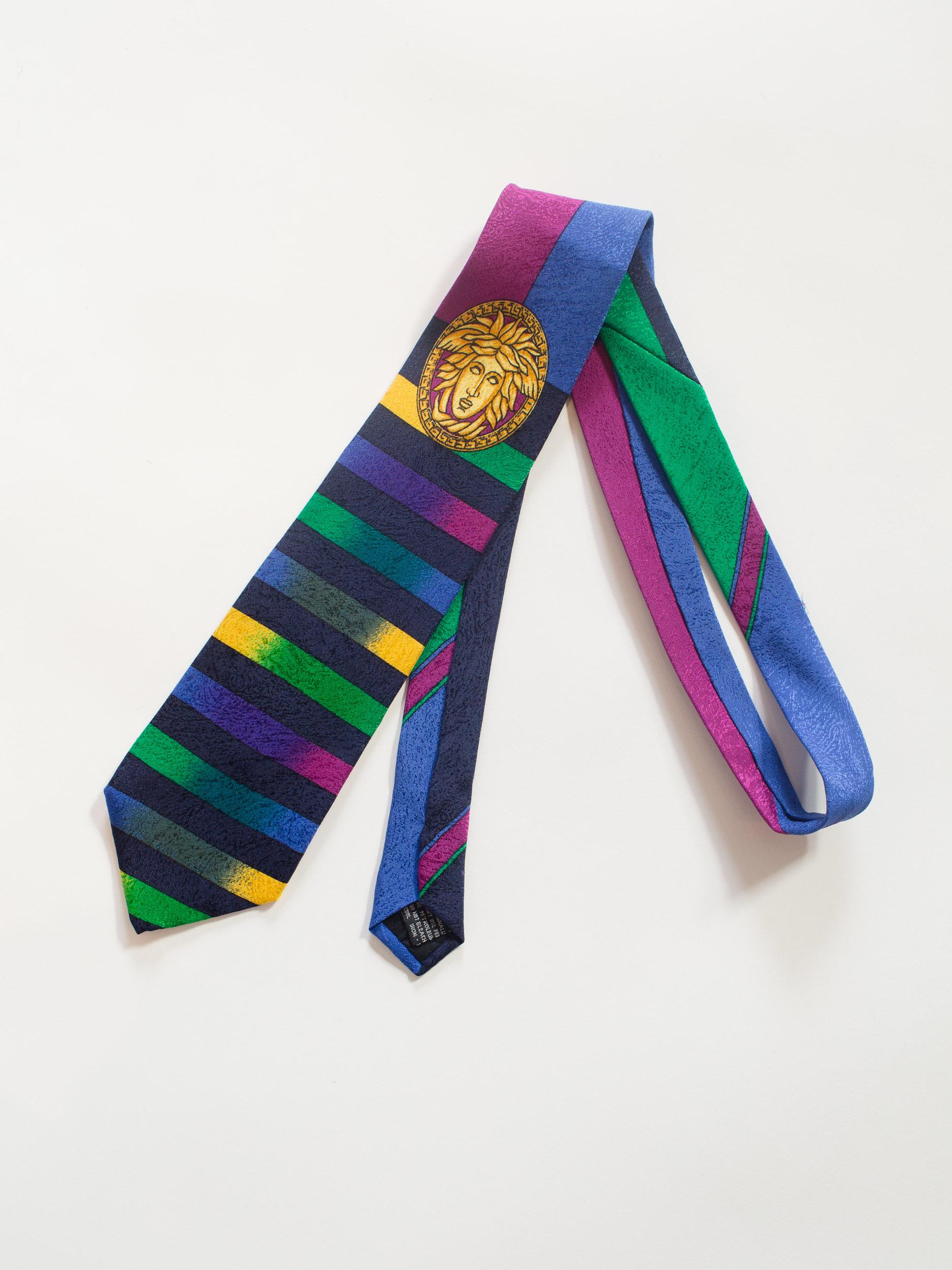 Women's 1990S GIANNI VERSACE Gold Medusa Ombre Stripe Silk Mens Tie For Sale