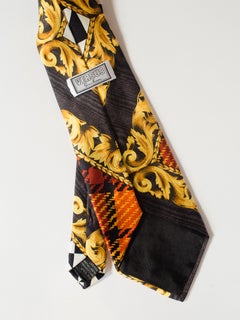 1990S Versus By GIANNI VERSACE Gold Scroll & Plaid Printed Silk Mens Tie