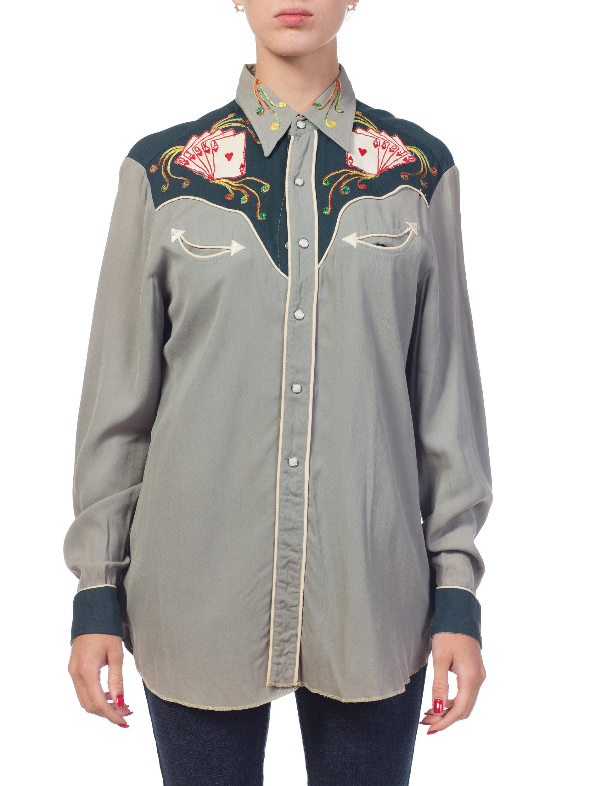 1950s Men's Embroidered Rayon Gabardine Western Gambler Shirt 2