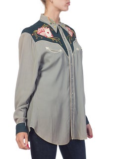 1950s Men's Embroidered Rayon Gabardine Western Gambler Shirt