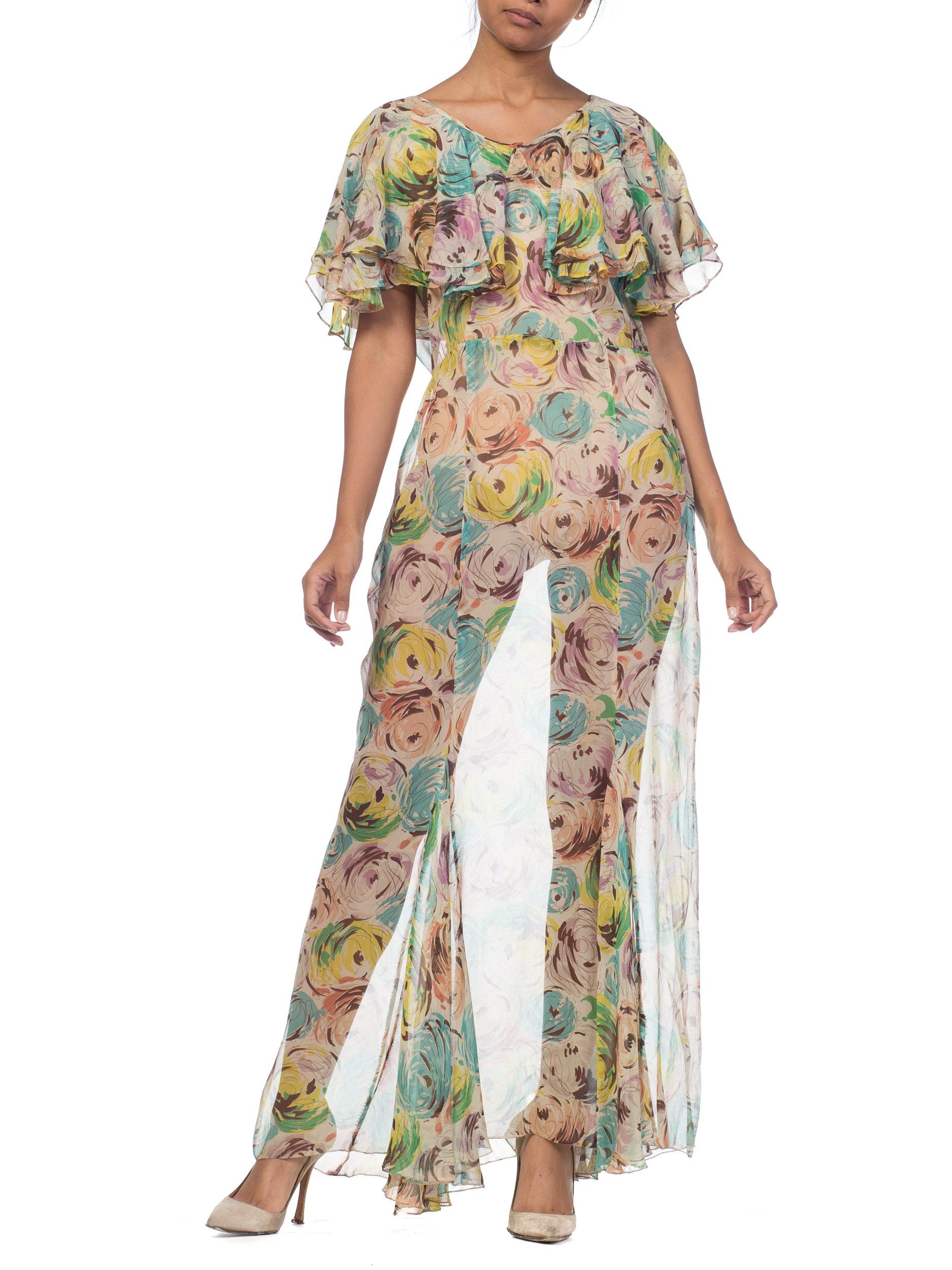 1930S Sheer Silk Chiffon Scribble Floral Printed Garden Party Dress With Double Capelet Sleeves