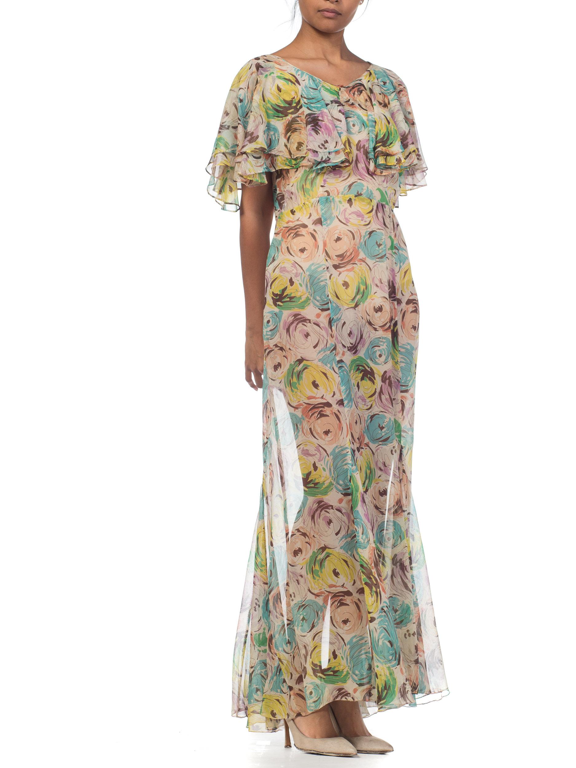 1930S Sheer Silk Chiffon Scribble Floral Printed Garden Party Dress With Double In Excellent Condition In New York, NY