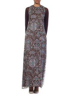1970S Chocolate Brown Silk & Lurex Fil Coupé Helen Couture Dress With Chiffon J
