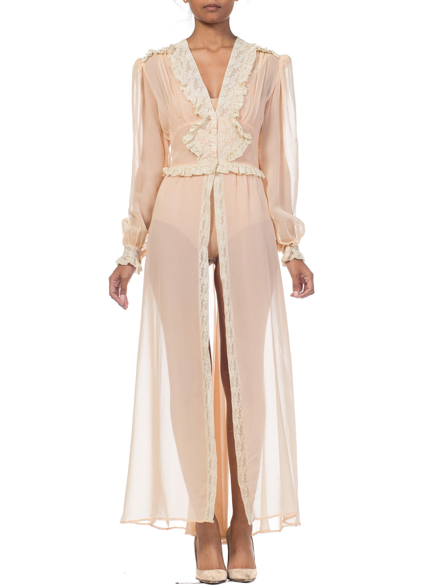 1940S Blush Pink Rayon Chiffon Sheer Peignoir Robe With Lace Ruffles & Mother Of Pearl Buttons