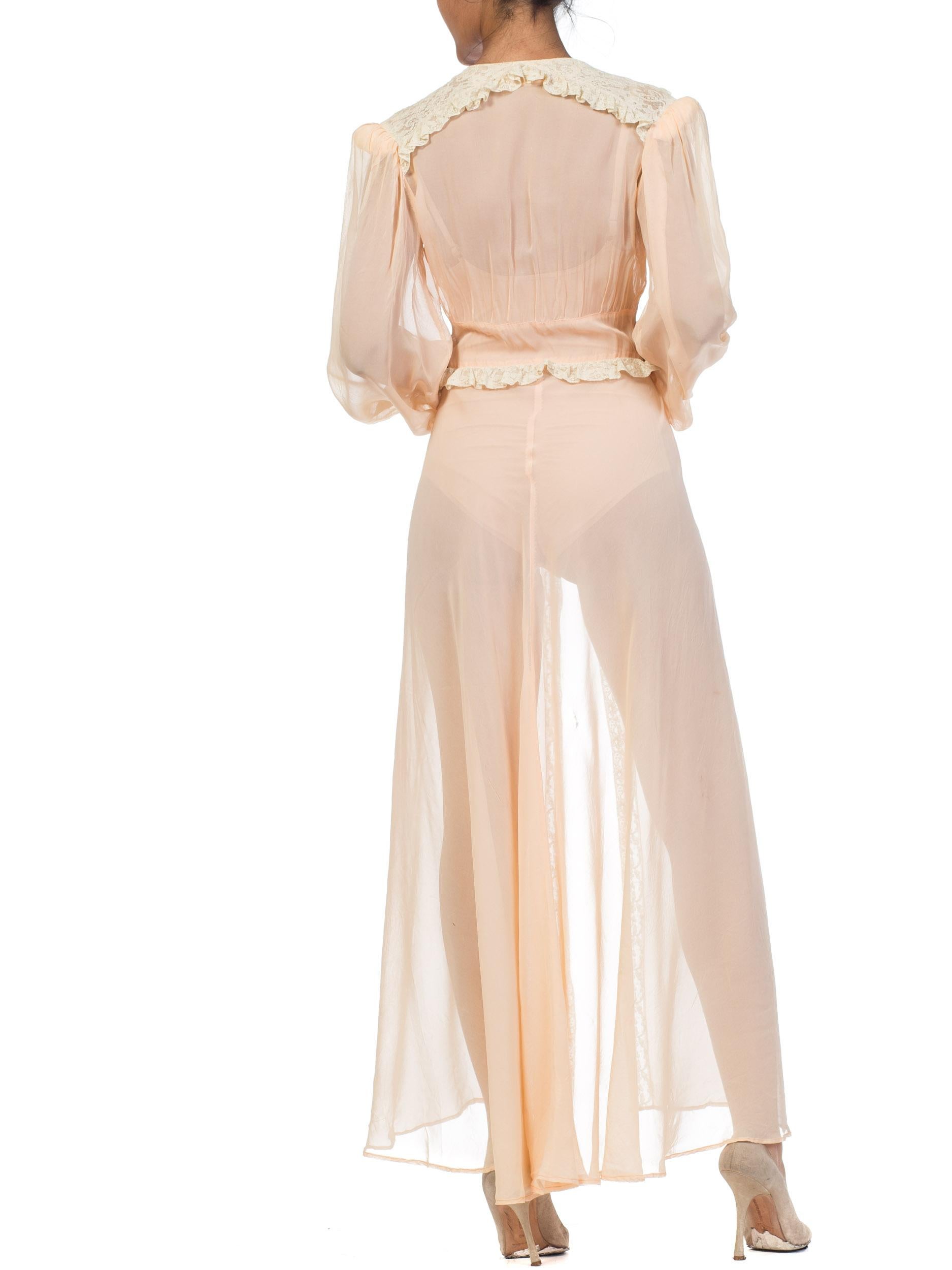 Women's 1940S Blush Pink Rayon Chiffon Sheer Peignoir Robe With Lace Ruffles & Mother O For Sale