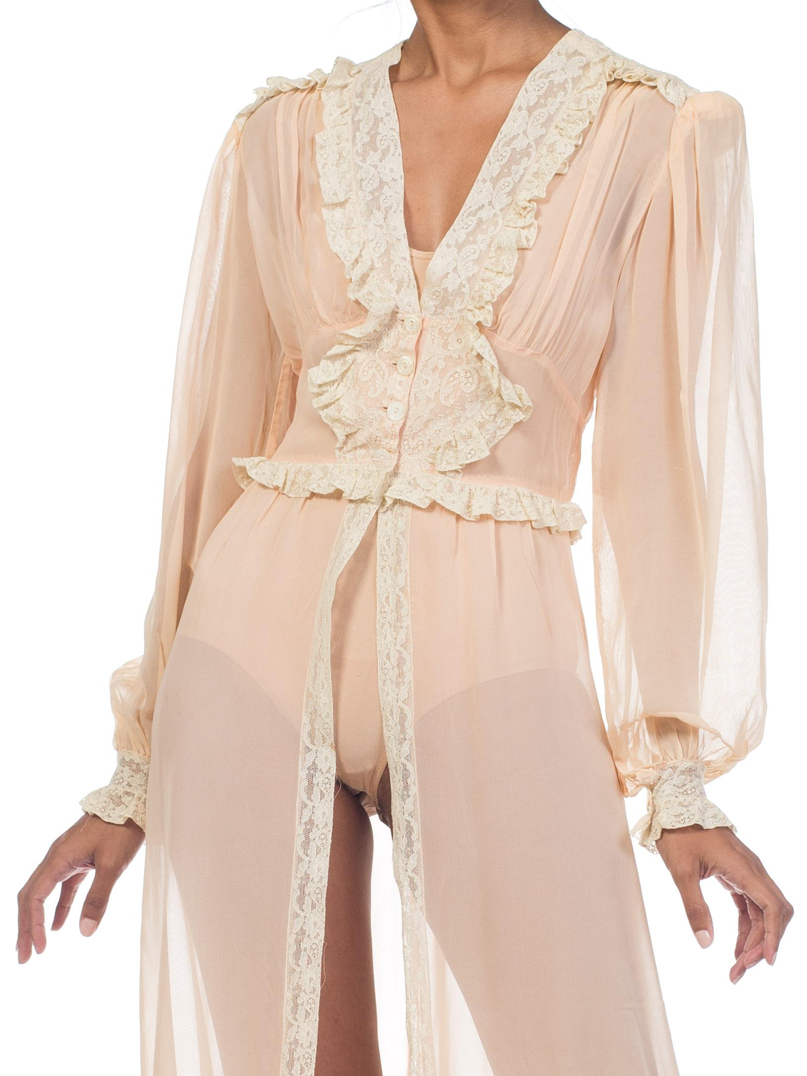 1940S Blush Pink Rayon Chiffon Sheer Peignoir Robe With Lace Ruffles & Mother O For Sale 6