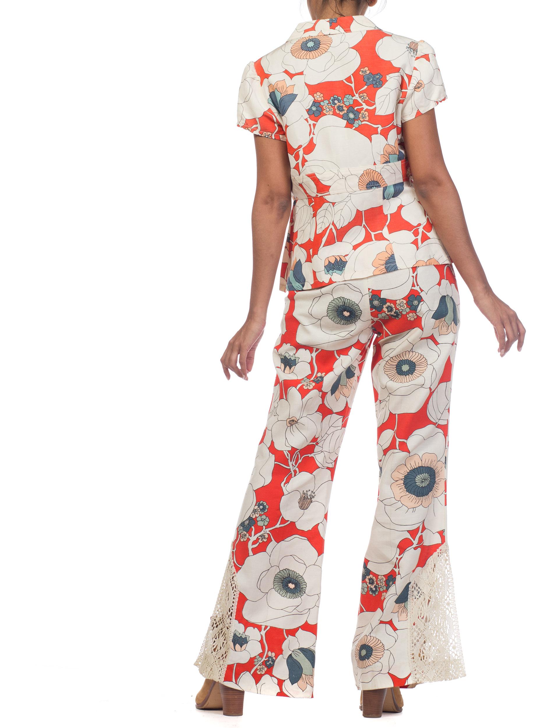 1970s Bold Floral Printed Cotton Jumpsuit Pantsuit Ensemble In Excellent Condition In New York, NY