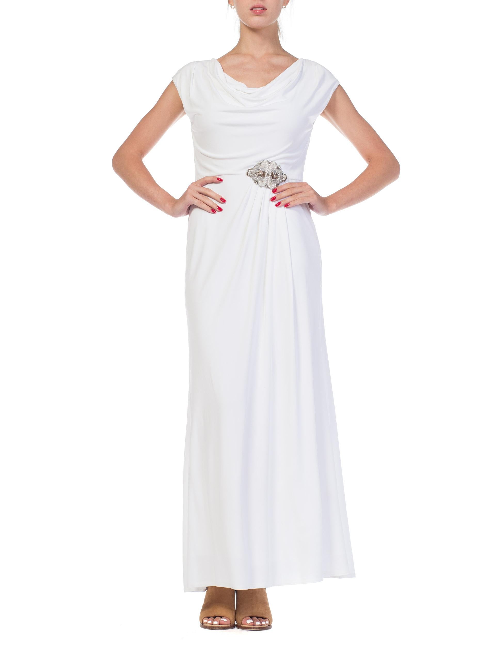 1970S White Polyester Jersey Draped Grecian Goddess Gown In Excellent Condition In New York, NY