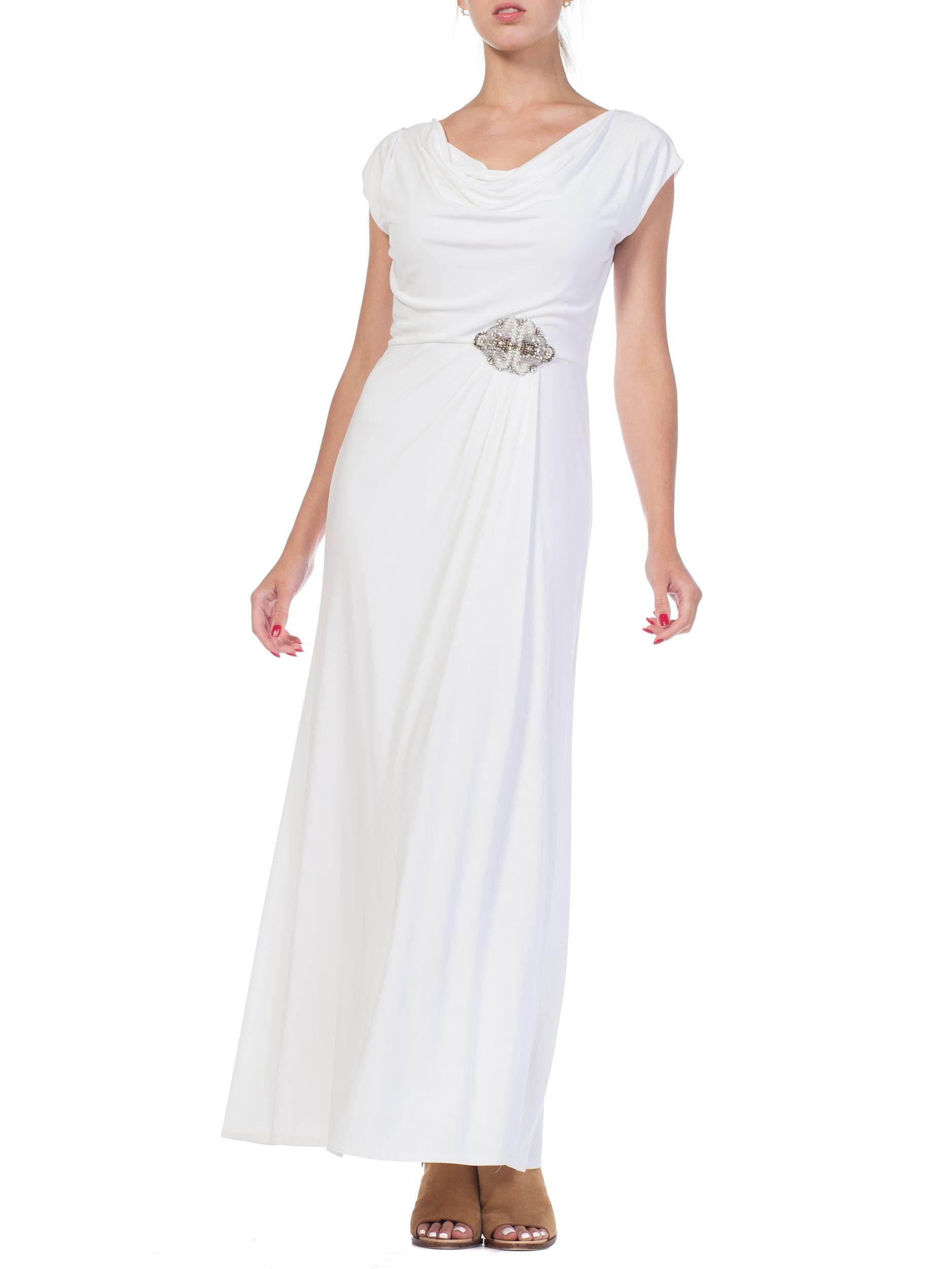 Women's 1970S White Polyester Jersey Draped Grecian Goddess Gown