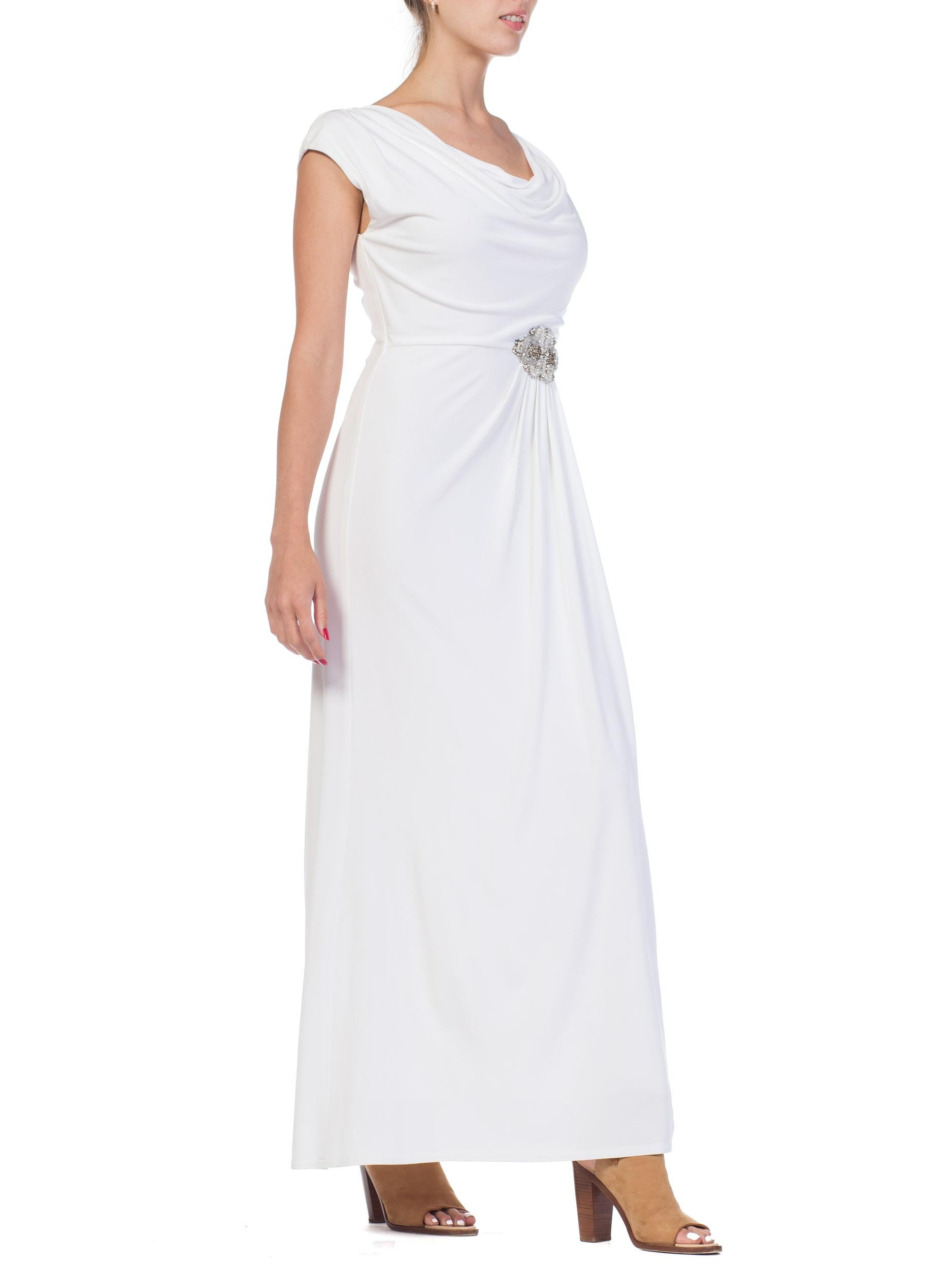 1970S White Polyester Jersey Draped Grecian Goddess Gown 1