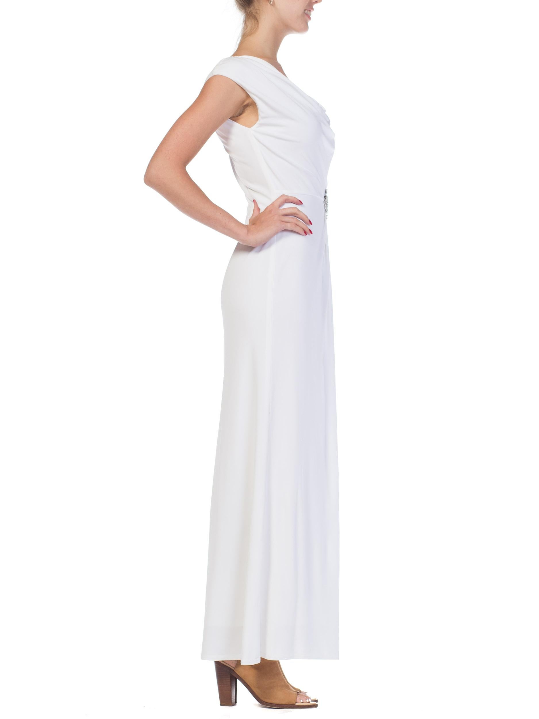 1970S White Polyester Jersey Draped Grecian Goddess Gown 3