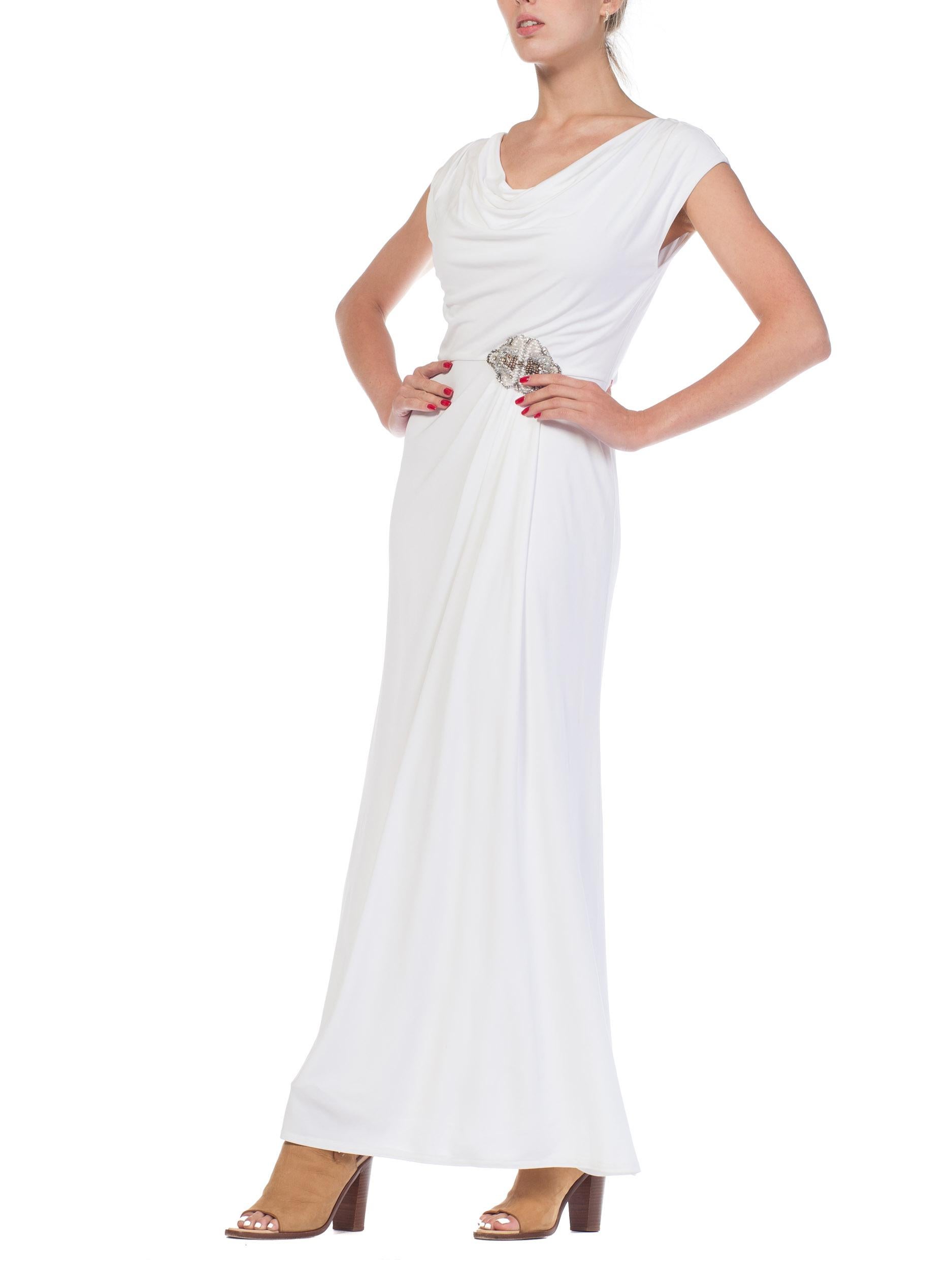 Gray 1970S White Polyester Jersey Draped Grecian Goddess Gown