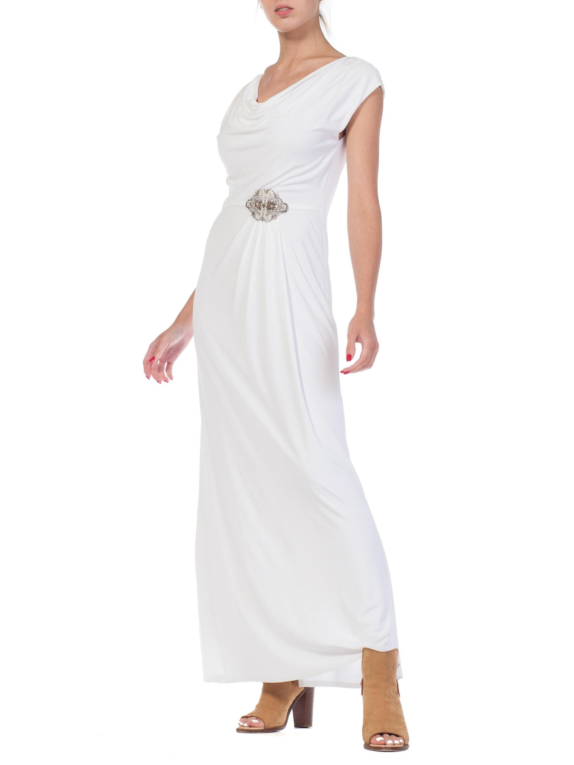 1970S White Polyester Jersey Draped Grecian Goddess Gown 9