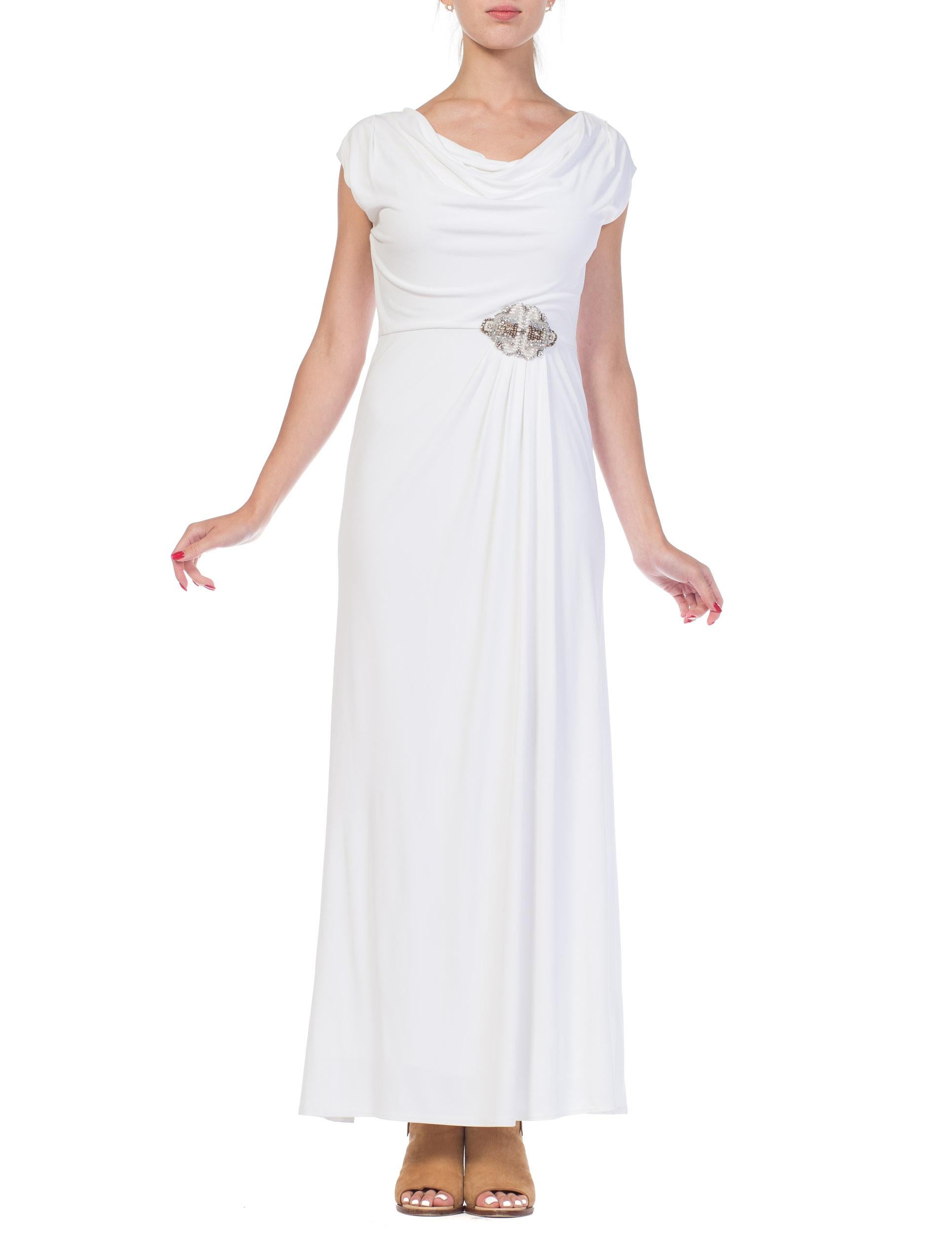 1970S White Polyester Jersey Draped Grecian Goddess Gown 11