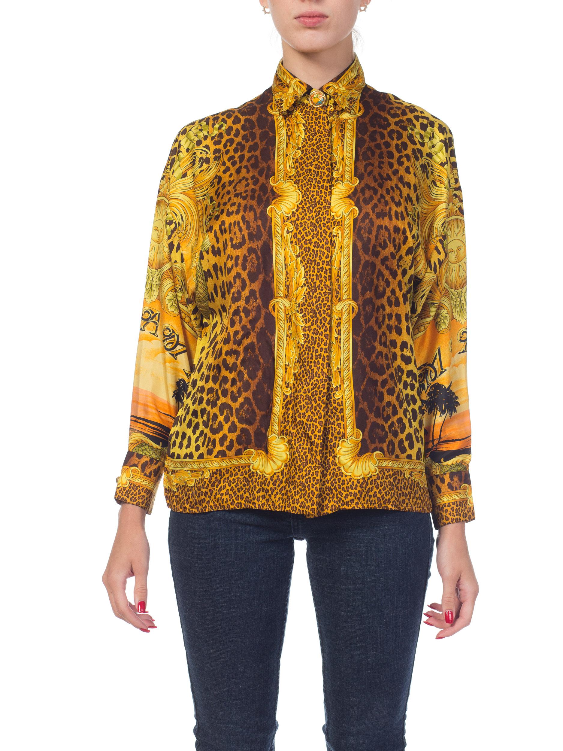 Orange 1990s Gianni Versace Miami Baroque Leopard Silk Blouse