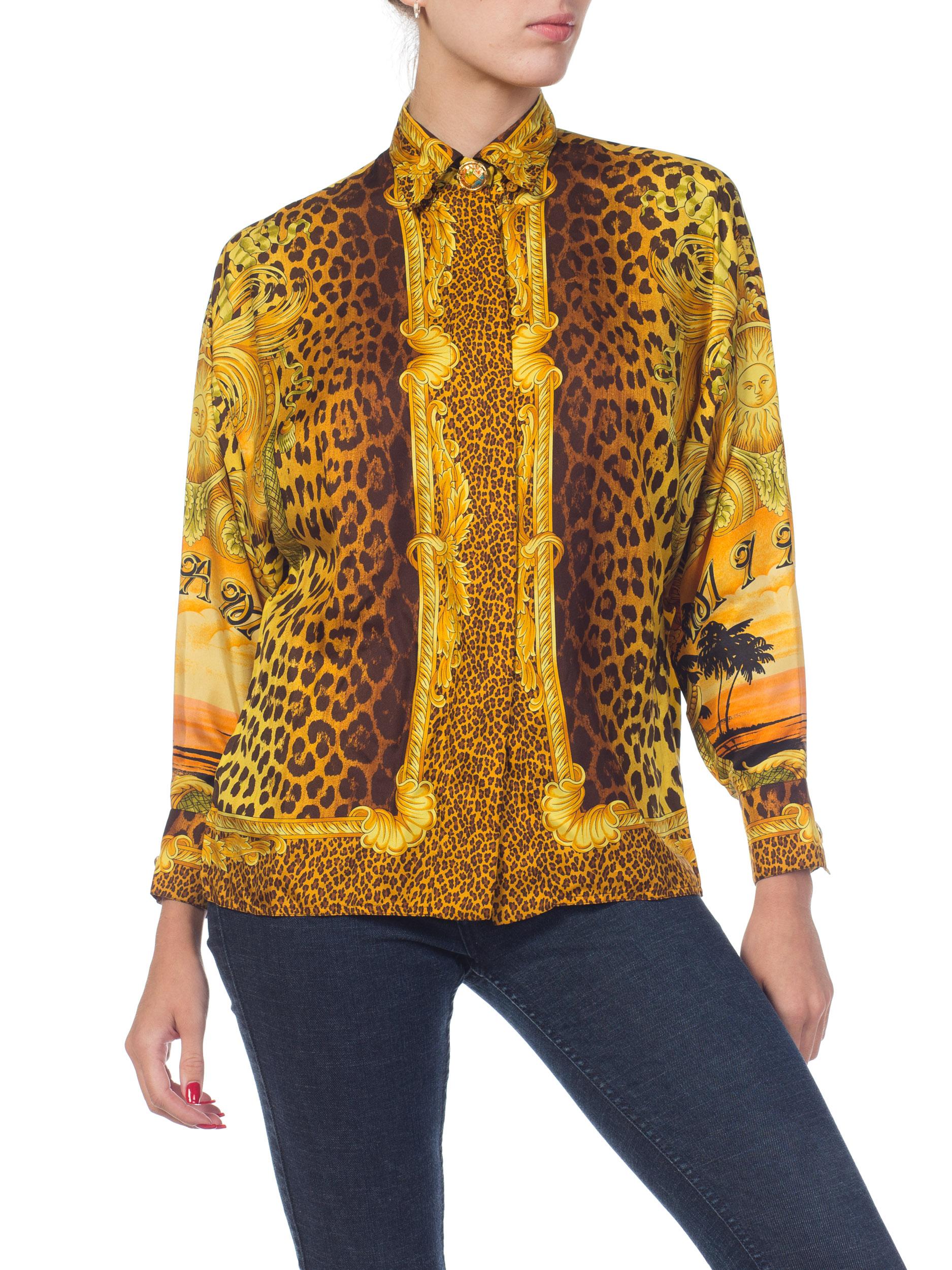 Women's 1990s Gianni Versace Miami Baroque Leopard Silk Blouse