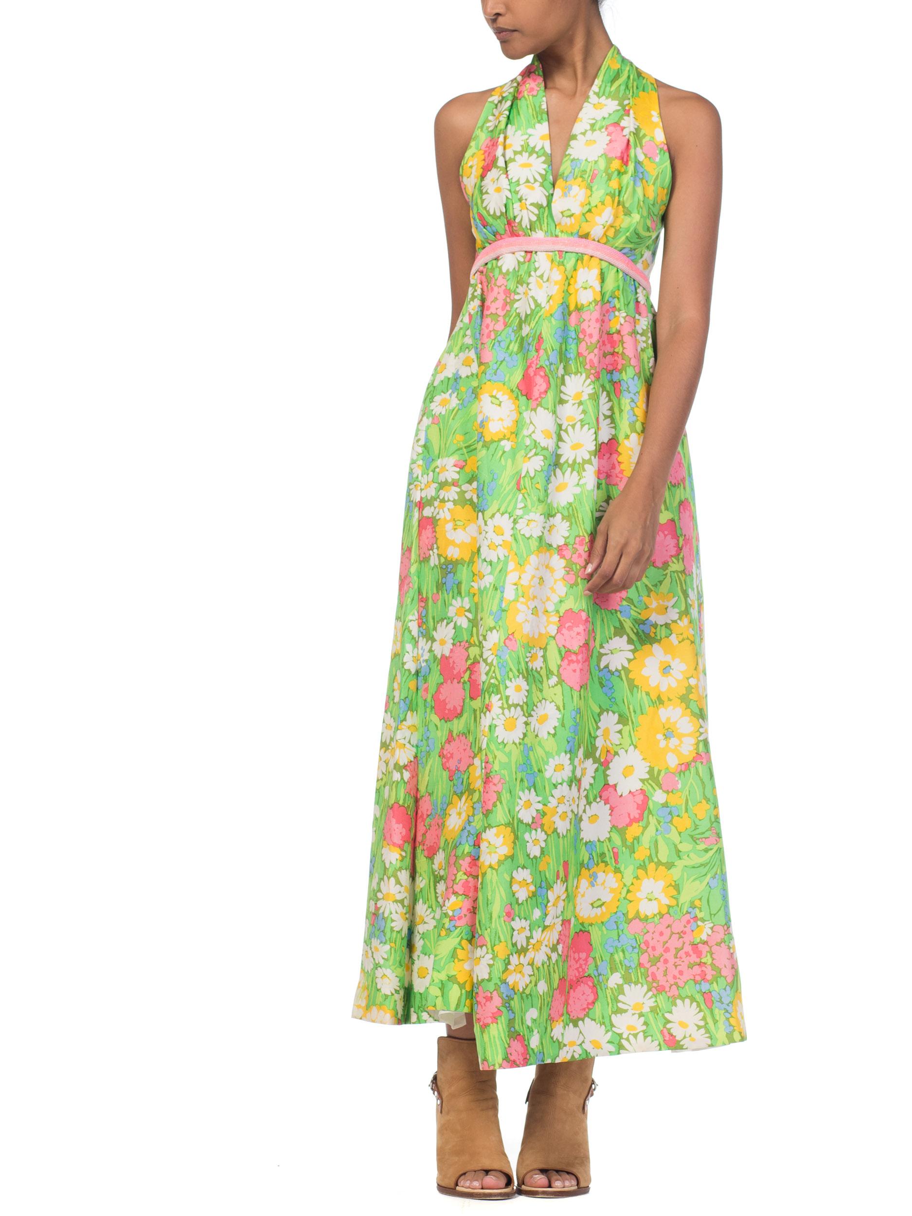 1960s 1970s Floral Printed Silk Halter Dress with Beading In Excellent Condition In New York, NY