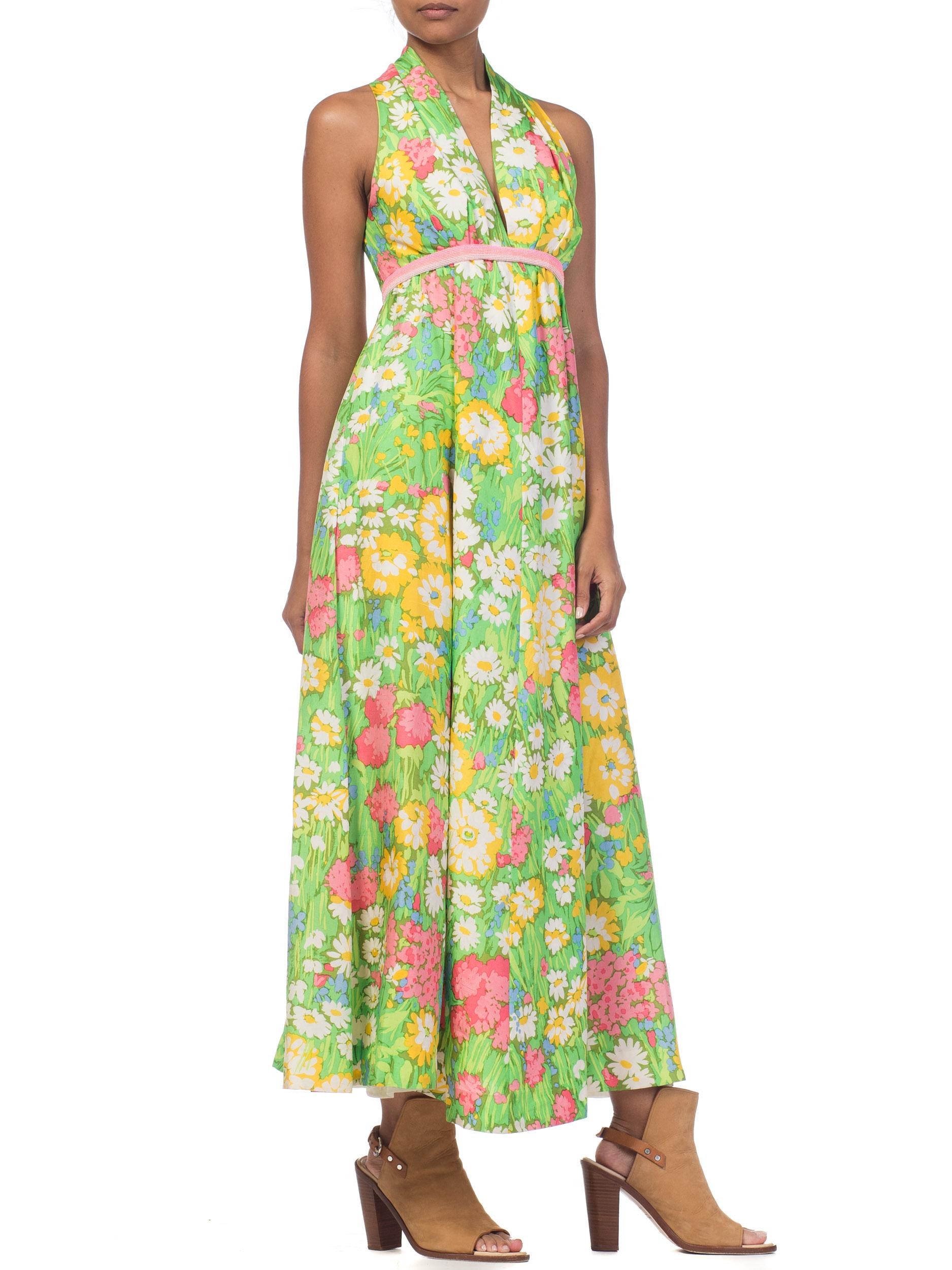Women's 1960s 1970s Floral Printed Silk Halter Dress with Beading