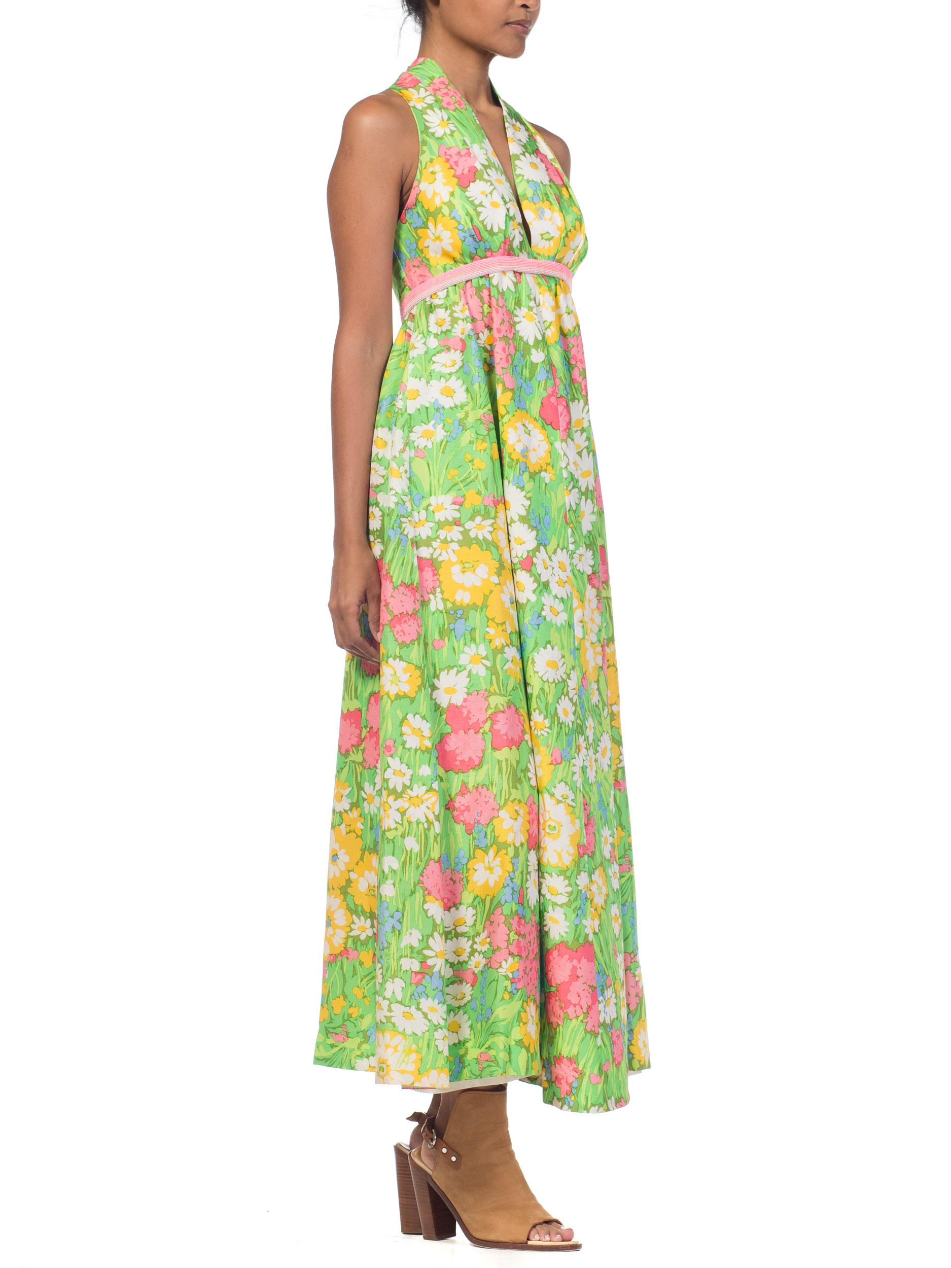 1960s 1970s Floral Printed Silk Halter Dress with Beading 2