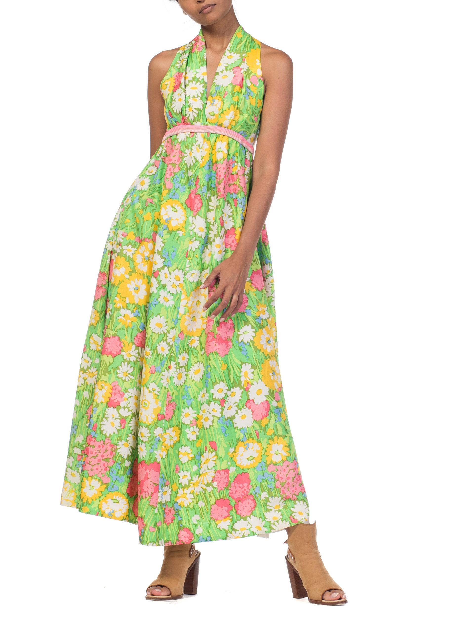 1960s 1970s Floral Printed Silk Halter Dress with Beading 13