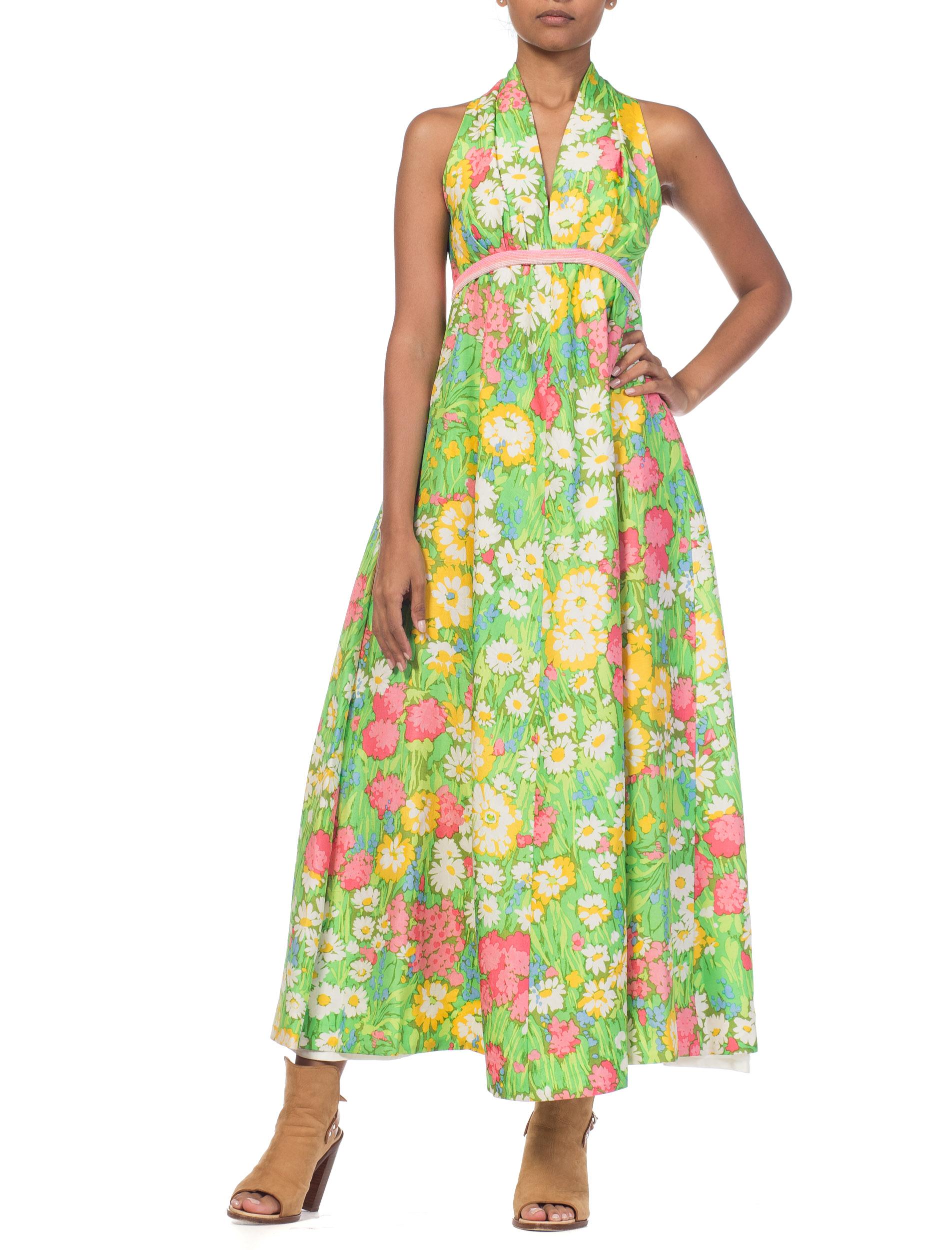 1960s 1970s Floral Printed Silk Halter Dress with Beading 14