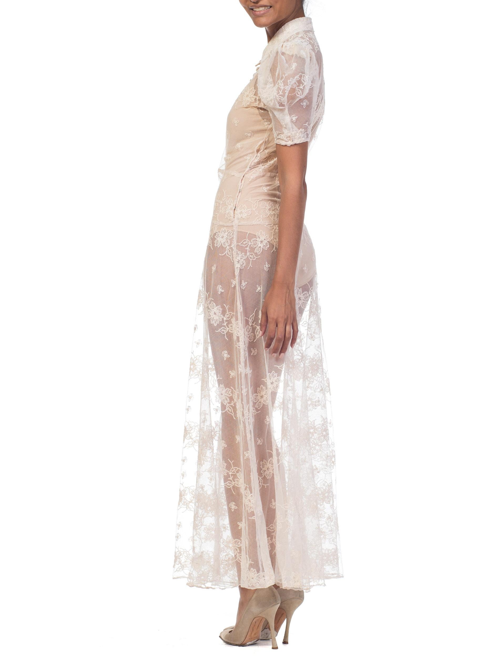 1930s Sheer Lace Net Dress With Floral Embroidery  9