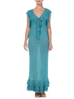 1970S Teal Rayon Blend Knit Sexy Ruffled Maxi Dress With Pretty Glass Buttons