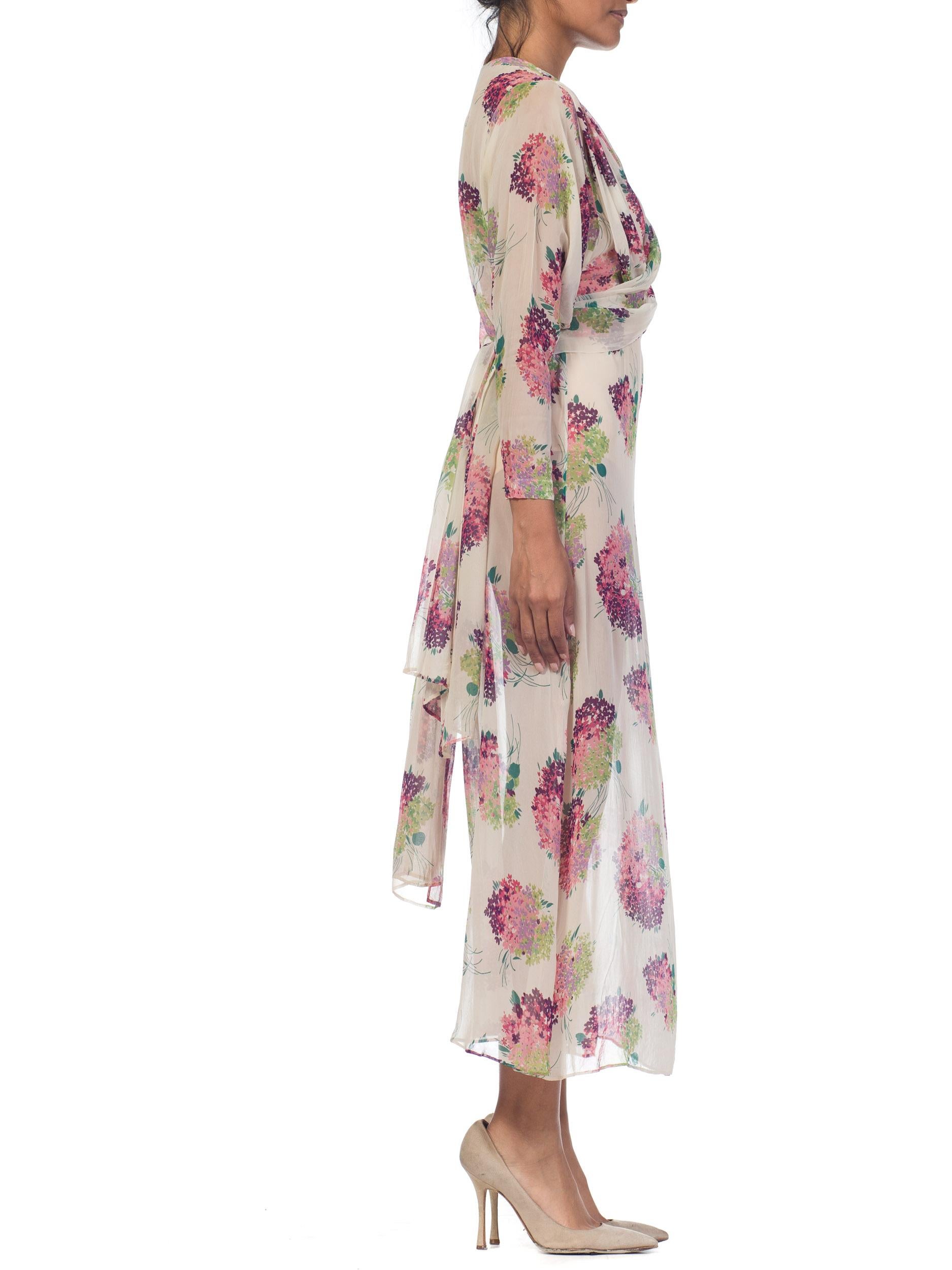 Beige 1920S Cream Silk Chiffon  Purple & Green Floral Print Long Sleeve Dress For Sale