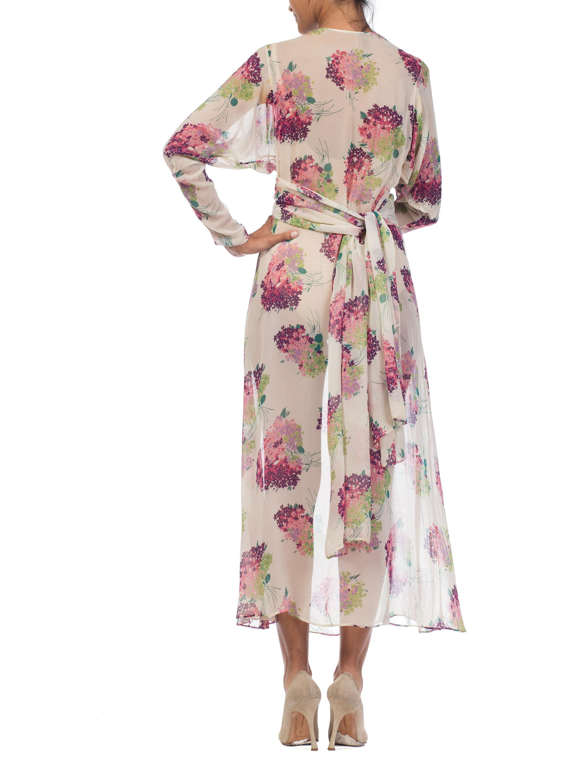 1920S Cream Silk Chiffon  Purple & Green Floral Print Long Sleeve Dress In Excellent Condition For Sale In New York, NY