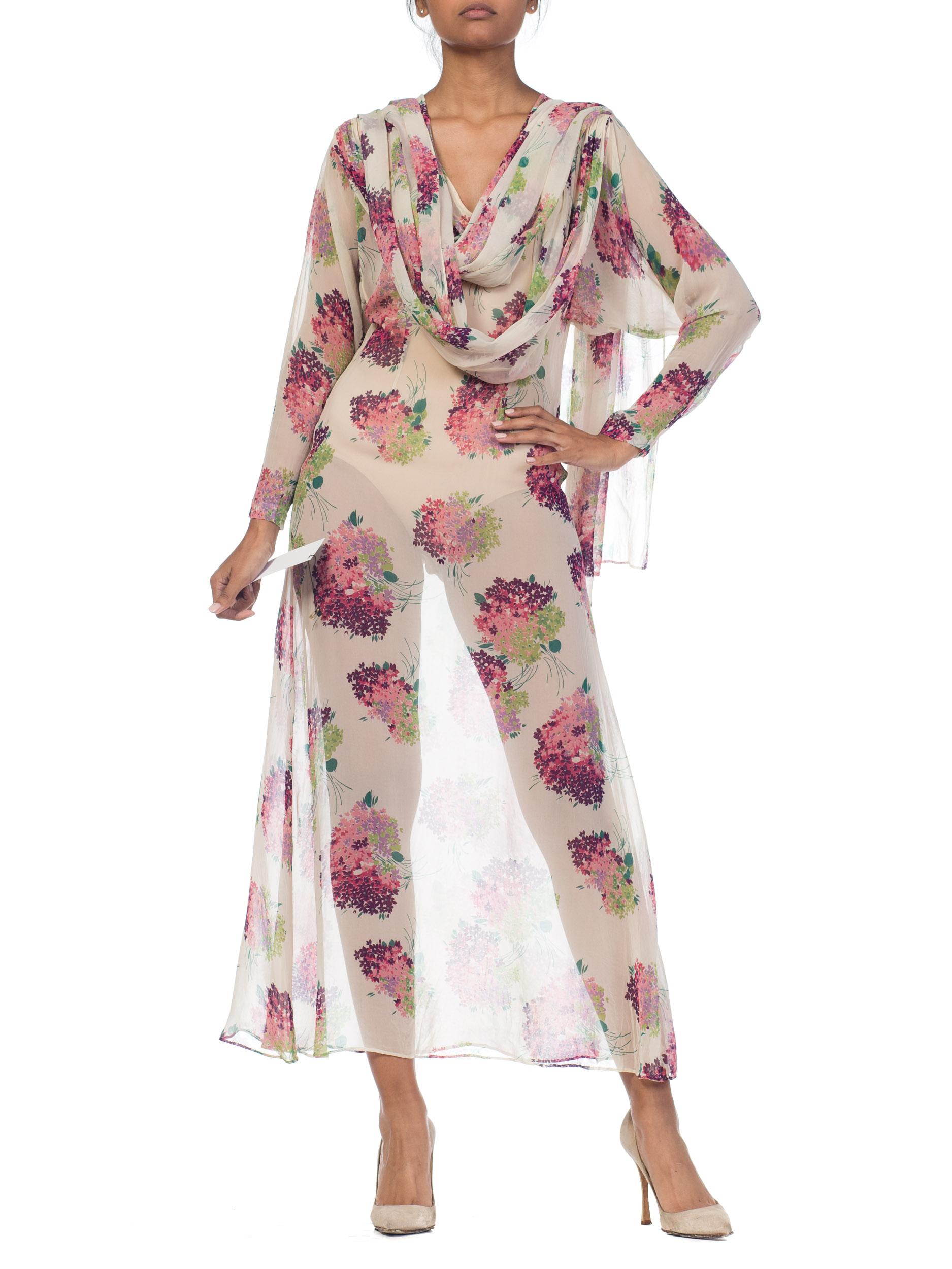 1920S Cream Silk Chiffon  Purple & Green Floral Print Long Sleeve Dress For Sale 8