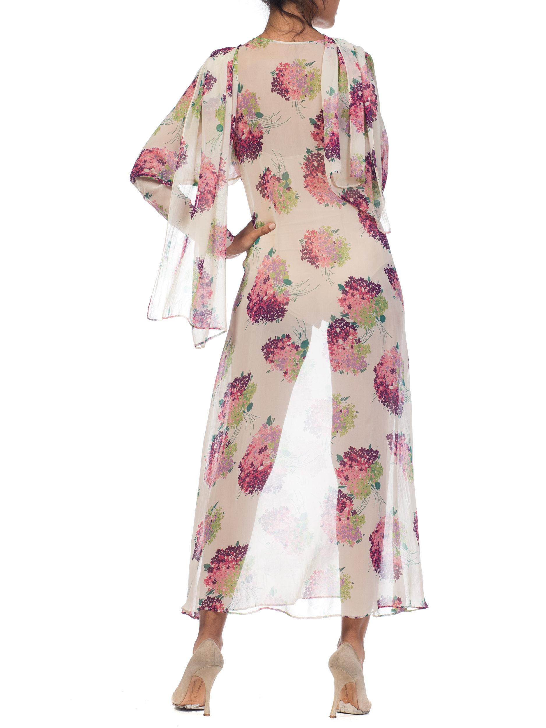 1920S Cream Silk Chiffon  Purple & Green Floral Print Long Sleeve Dress For Sale 9