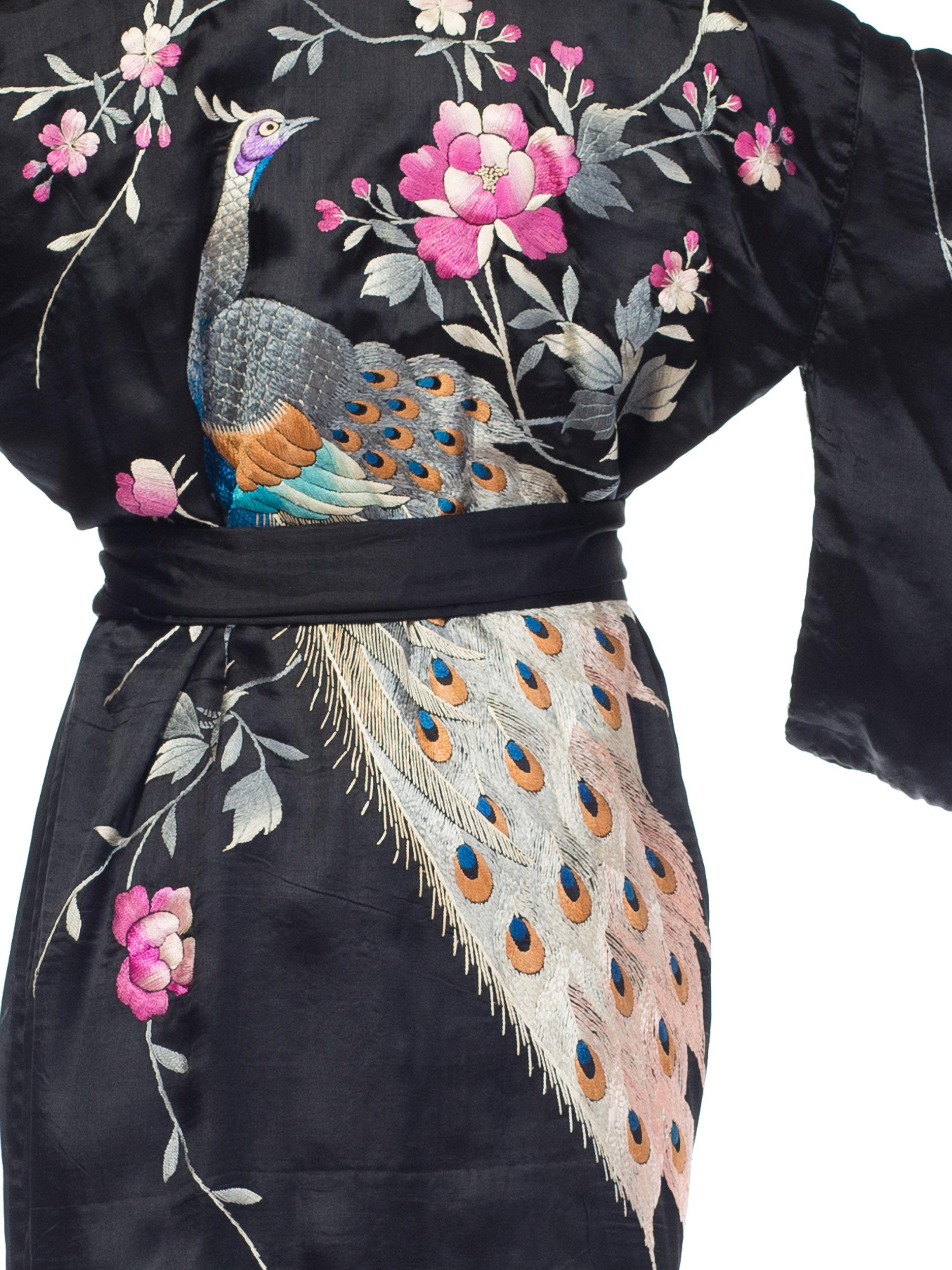 Antique Edwardian Hand Embroidered Silk Peacock Kimono 7