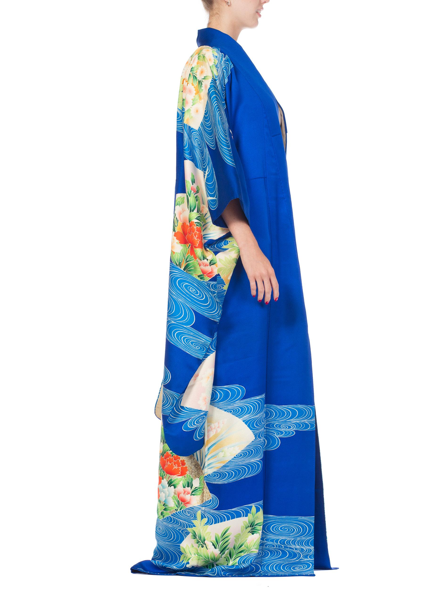 1970S Blue  Hand PrintedPrinted Silk Embroidered Japanese Kimono 1