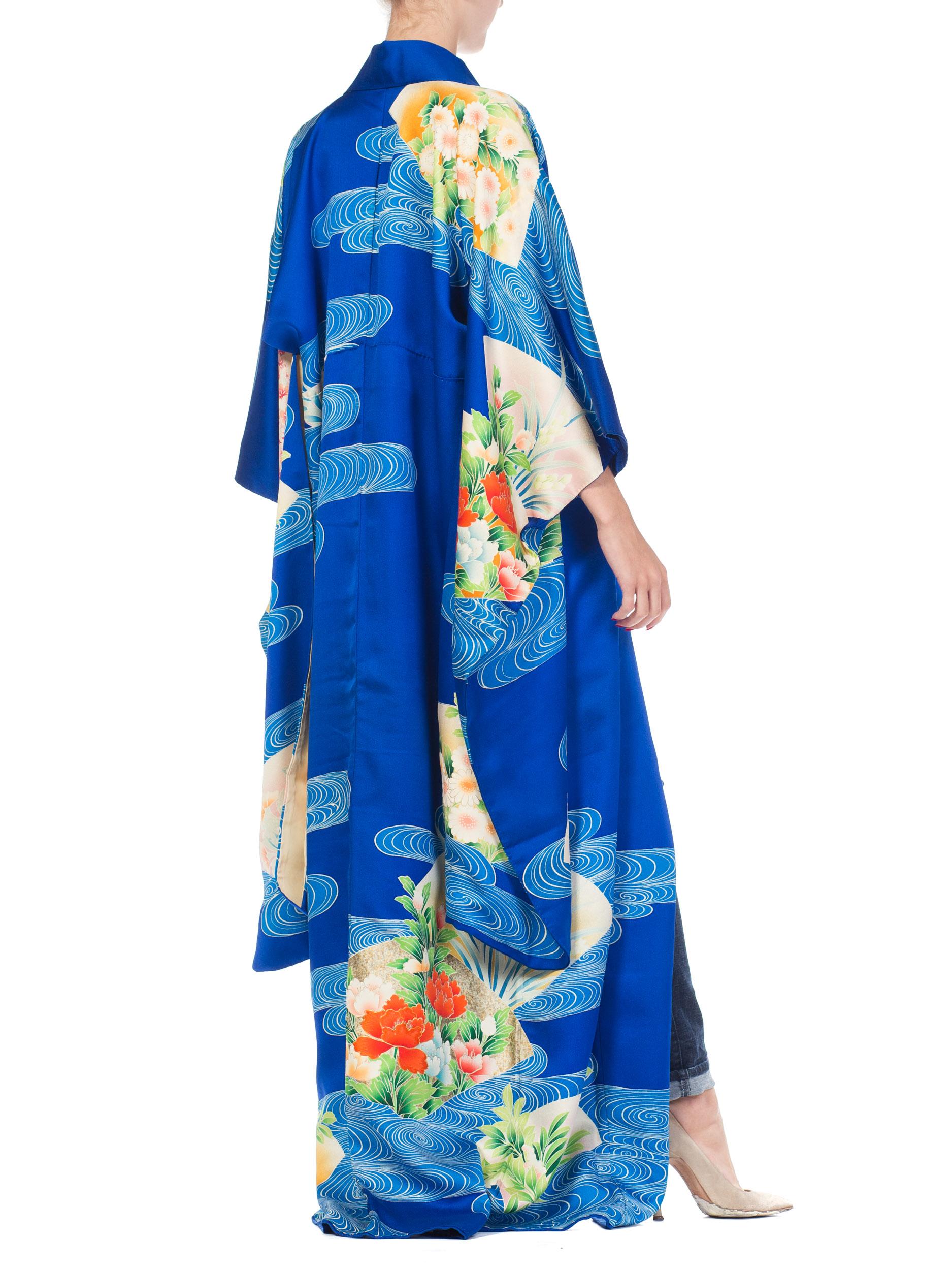 1970S Blue  Hand PrintedPrinted Silk Embroidered Japanese Kimono 2