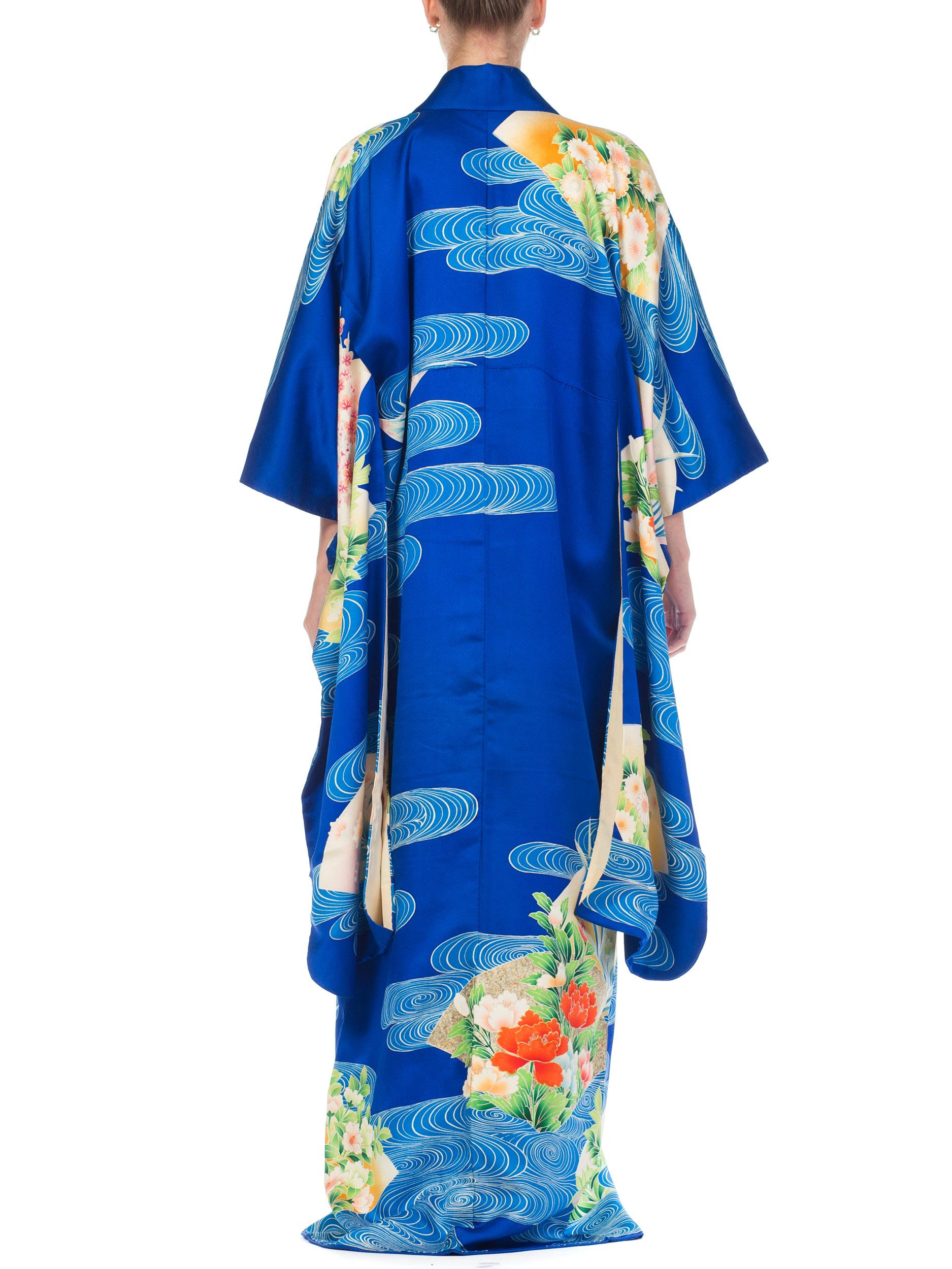 1970S Blue  Hand PrintedPrinted Silk Embroidered Japanese Kimono 3