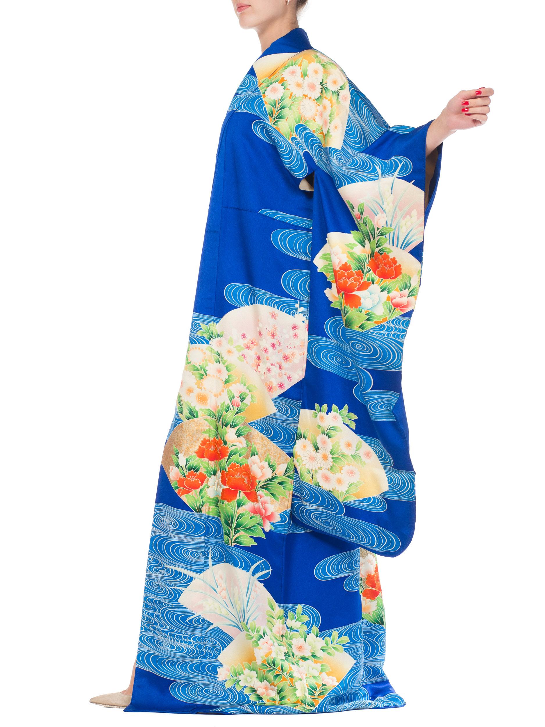 1970S Blue  Hand PrintedPrinted Silk Embroidered Japanese Kimono 4