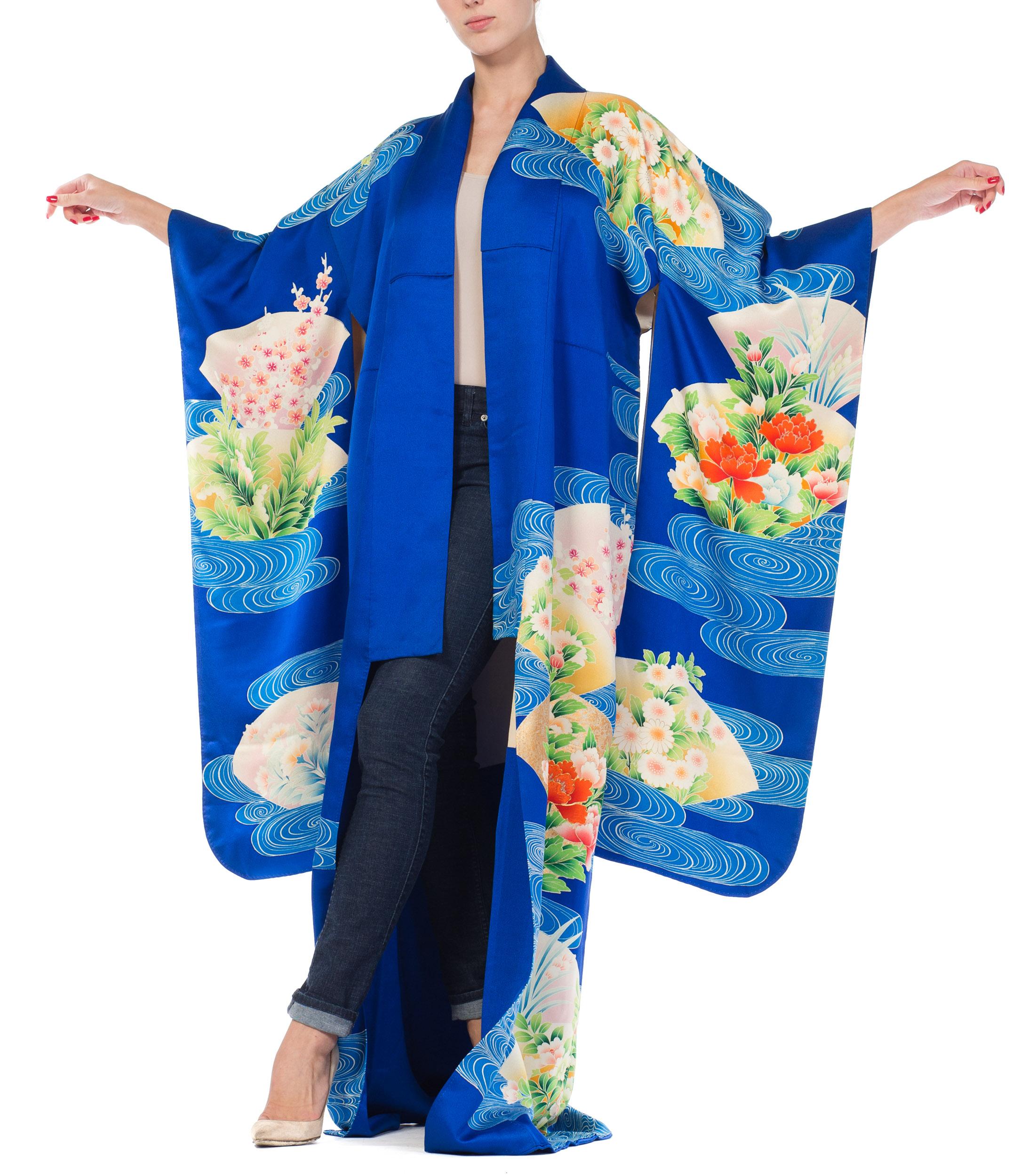 1970S Blue  Hand PrintedPrinted Silk Embroidered Japanese Kimono 6