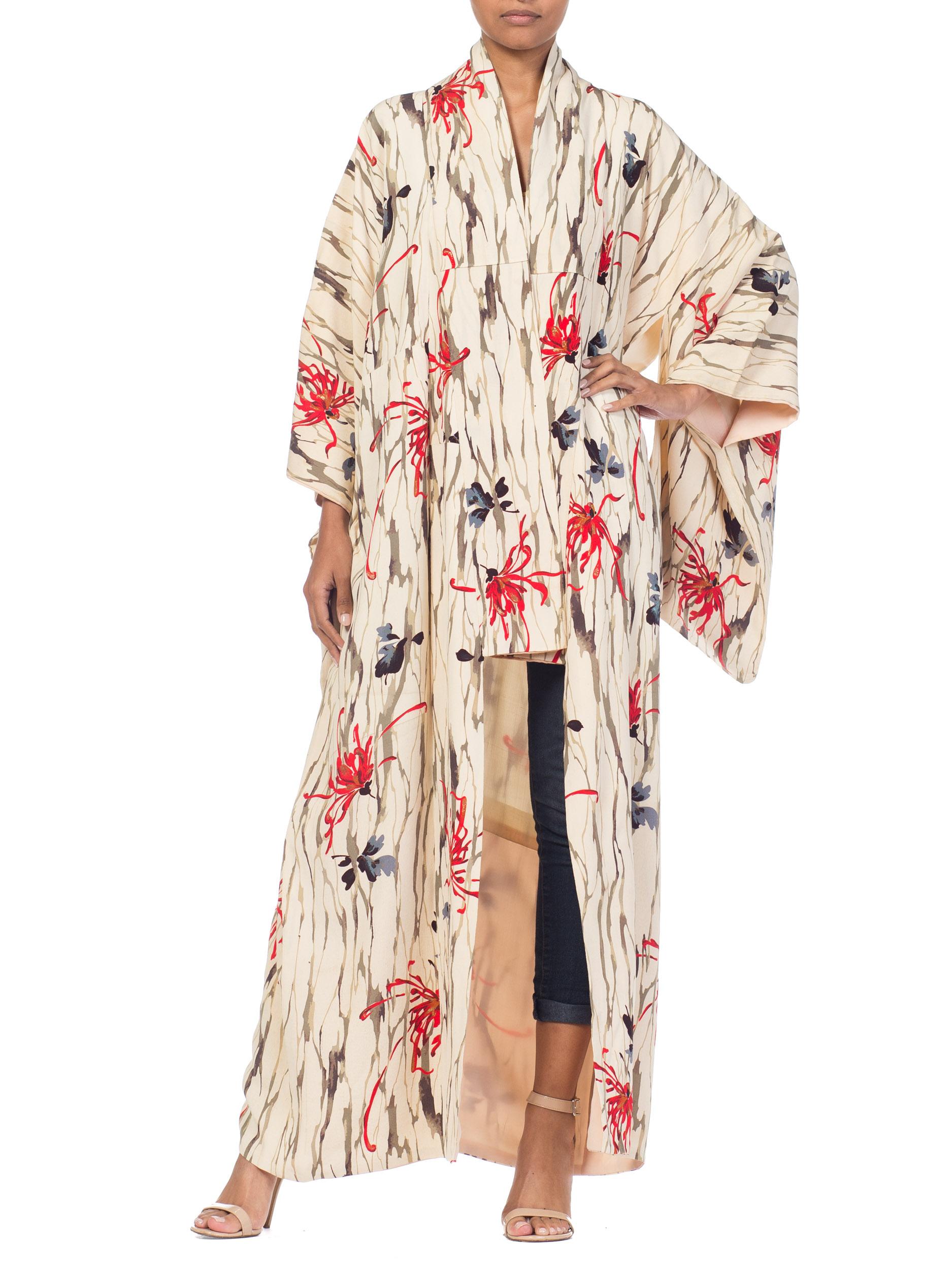 Beige Japanese White Background Kimono With Hand Printed Gold Detail 