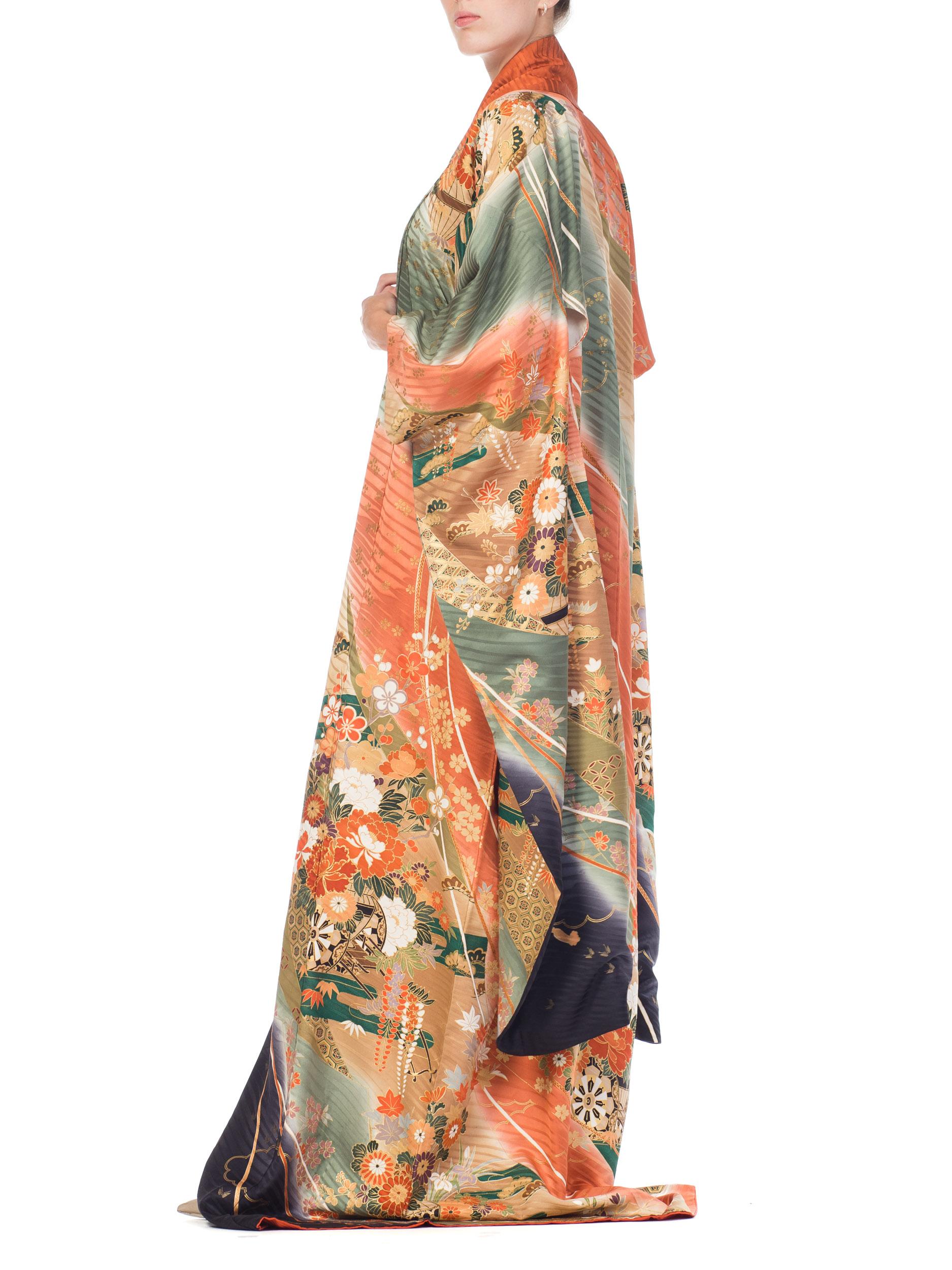 Women's 1970S Multicolor Floral Silk Japanese With Ombré & Gold Details Kimono For Sale