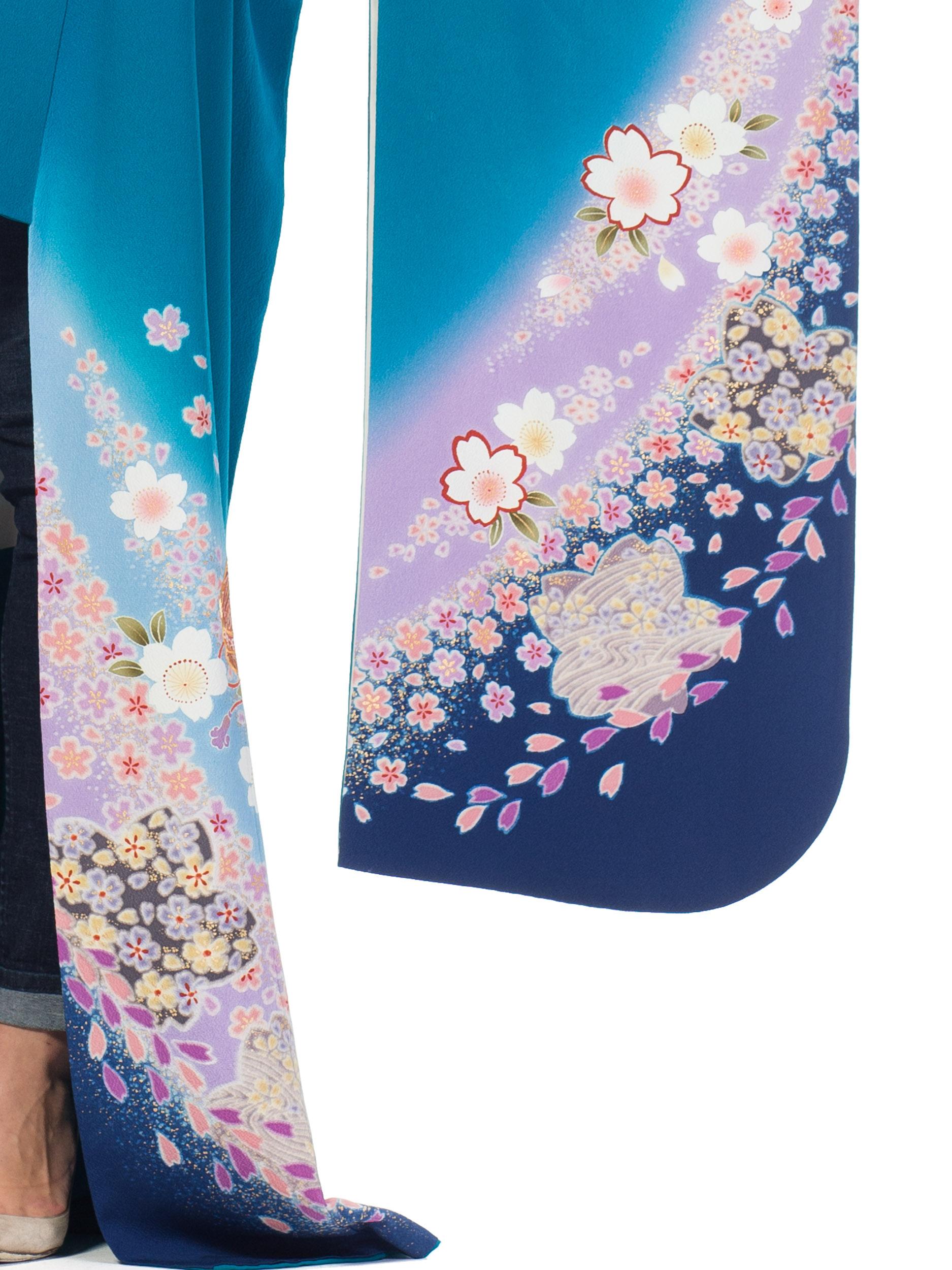 Blue Hand Printed Japanese Silk Kimono in Teal