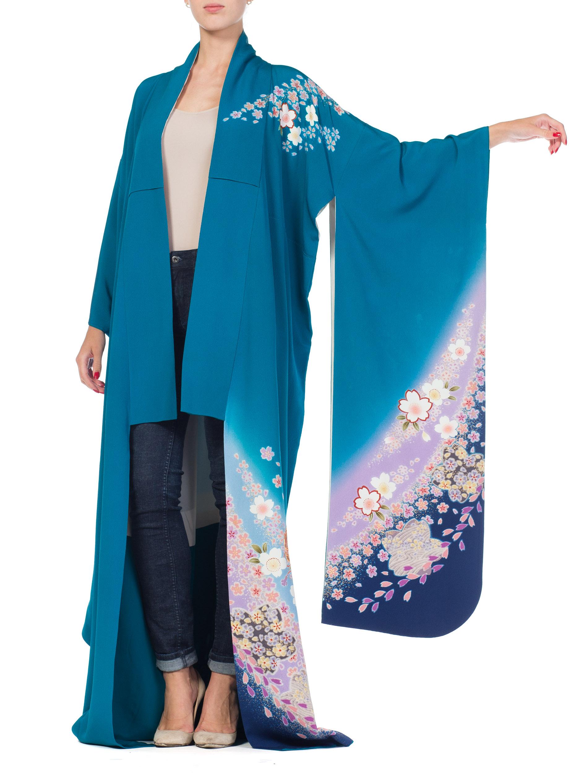 Women's or Men's Hand Printed Japanese Silk Kimono in Teal