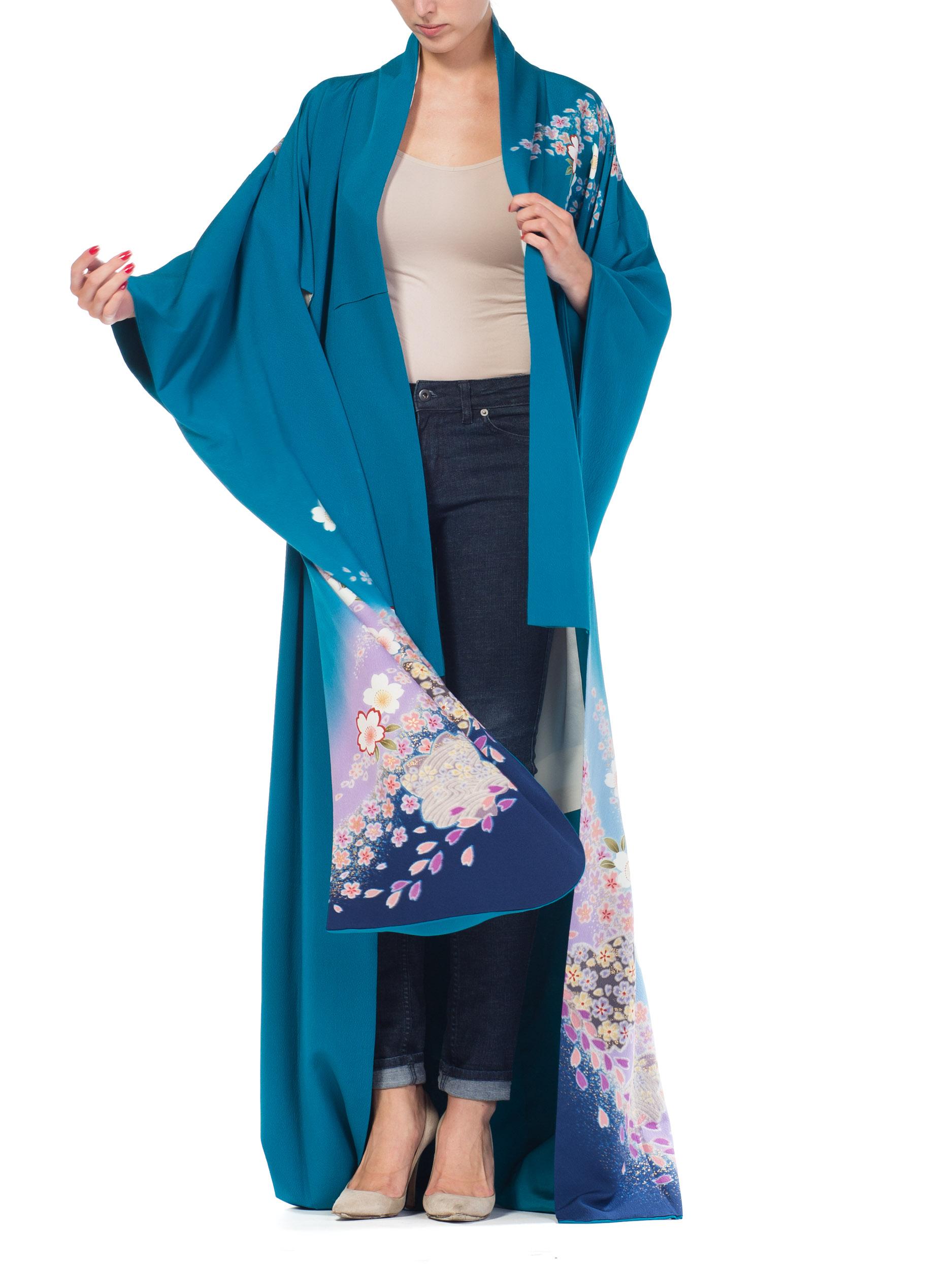 Hand Printed Japanese Silk Kimono in Teal 8