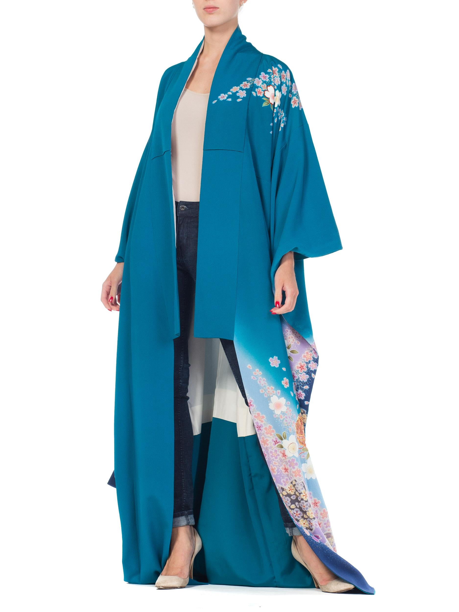 Hand Printed Japanese Silk Kimono in Teal 10