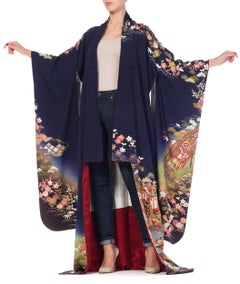 1970S Navy Blue Japanese With Gold Flowers Kimono
