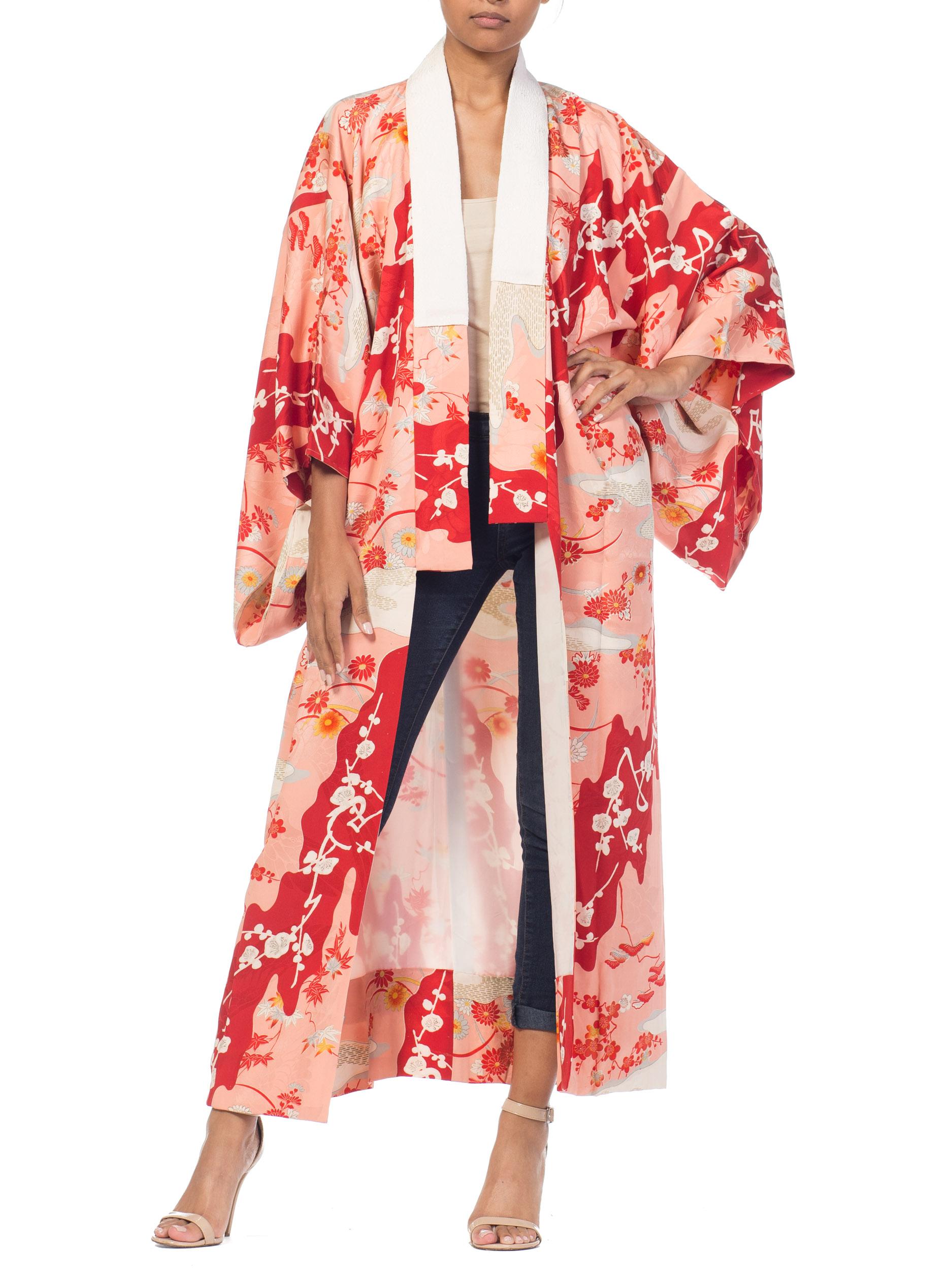 Orange 1960S Salmon Japanese Silk Kimono With Cherry Blossoms & Crystal Ties
