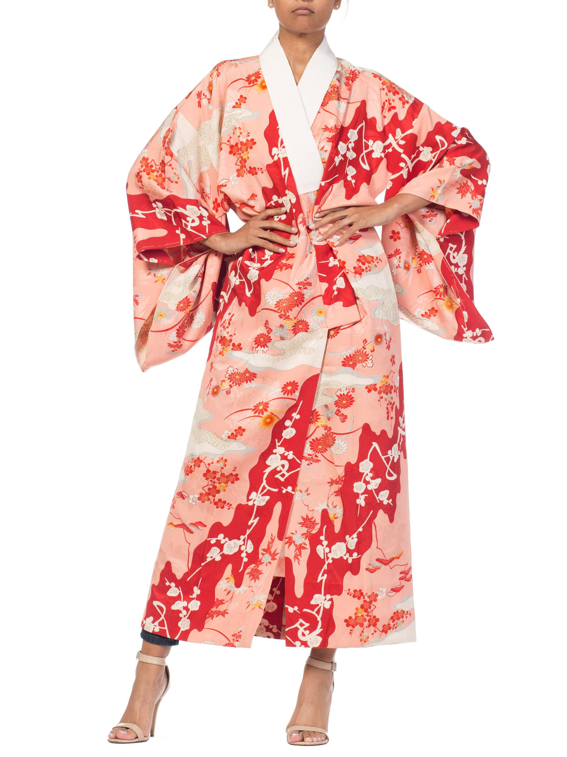 1960S Salmon Japanese Silk Kimono With Cherry Blossoms & Crystal Ties In Excellent Condition In New York, NY